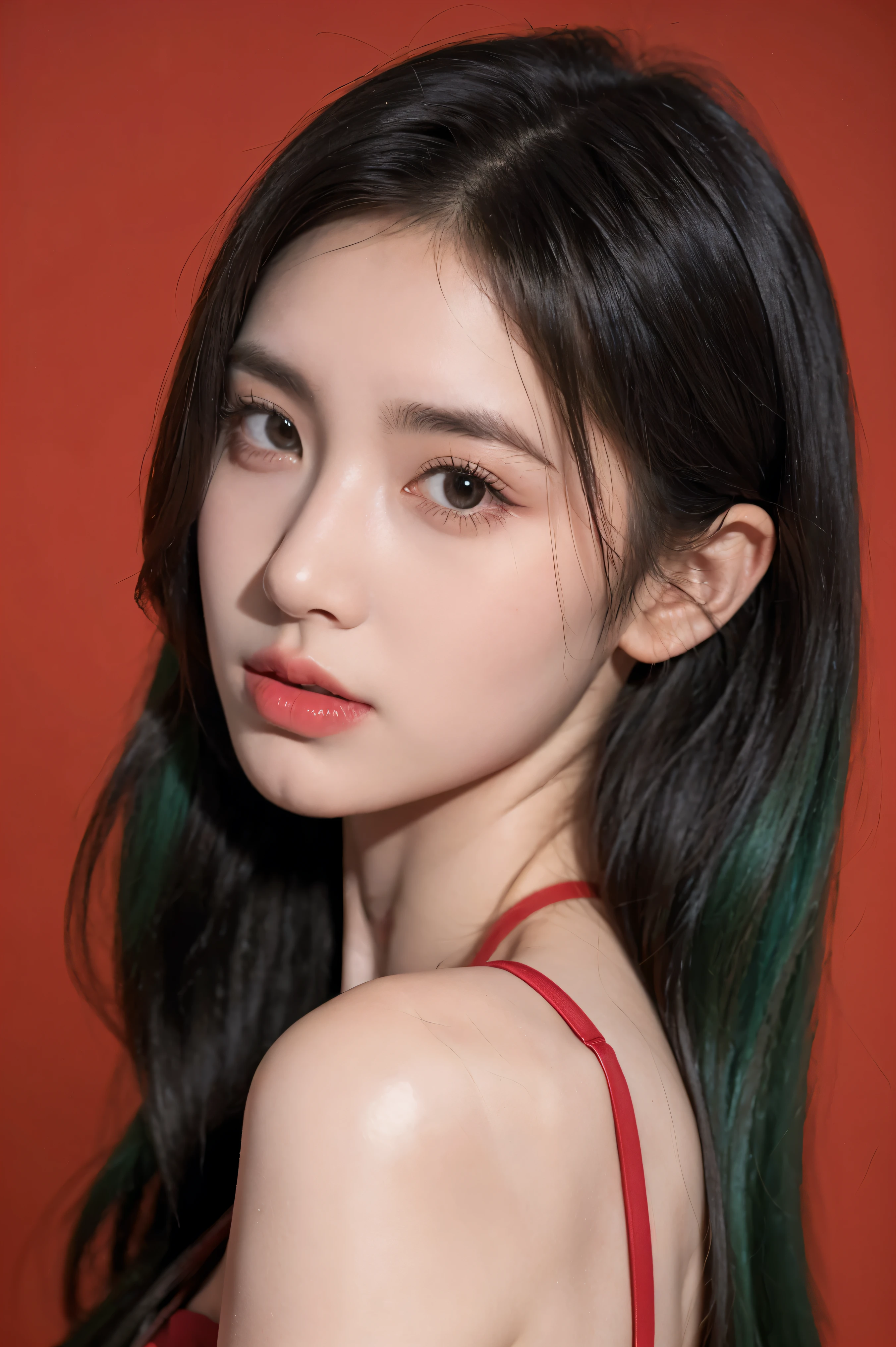 21-year-old girl, green hair, red background,