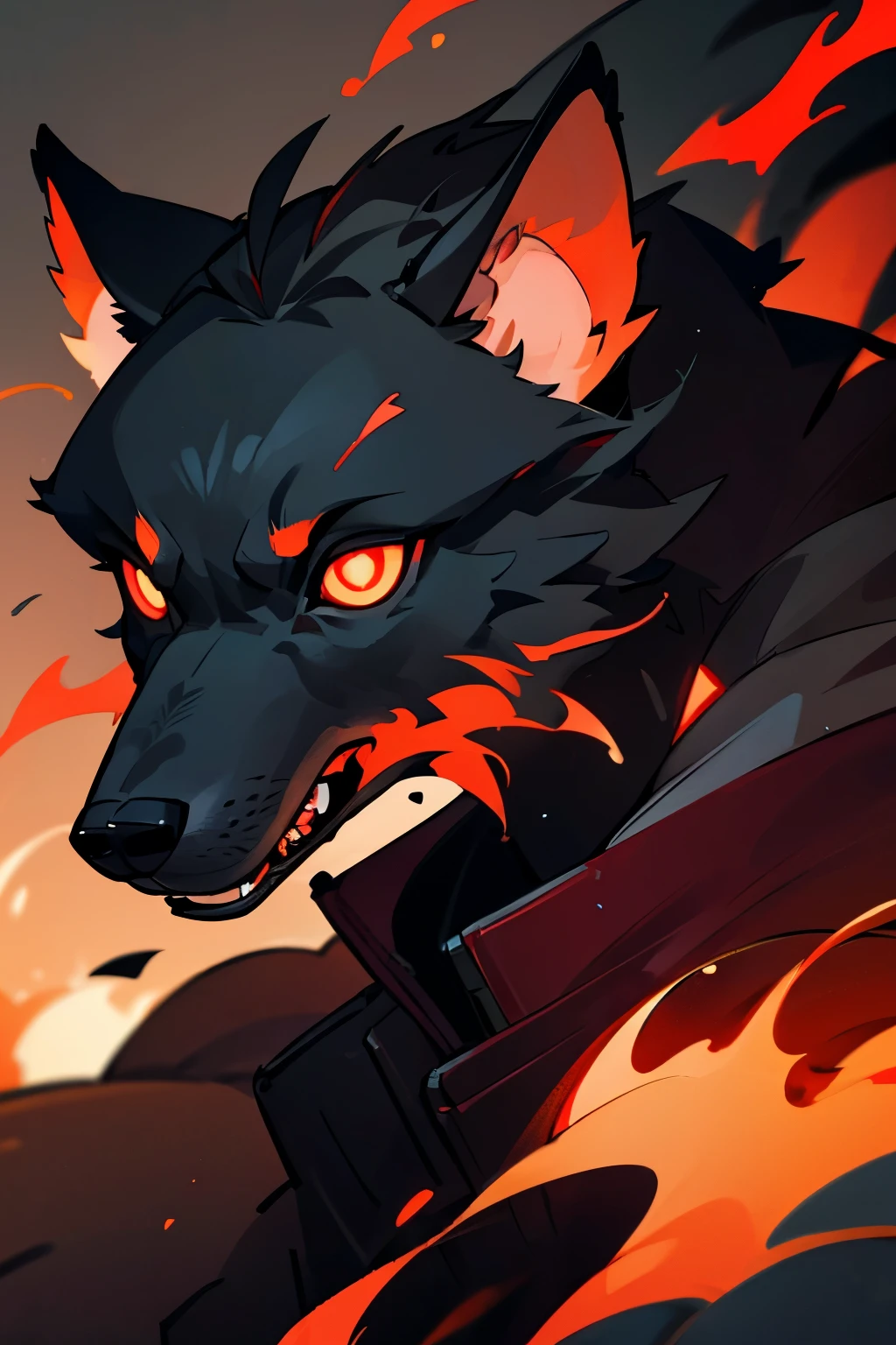 20 year old, wolf, red eyes, best quality, detailed, red and black long clothes,fire, cerberus, dog head, glowing eyes, animal, portrait