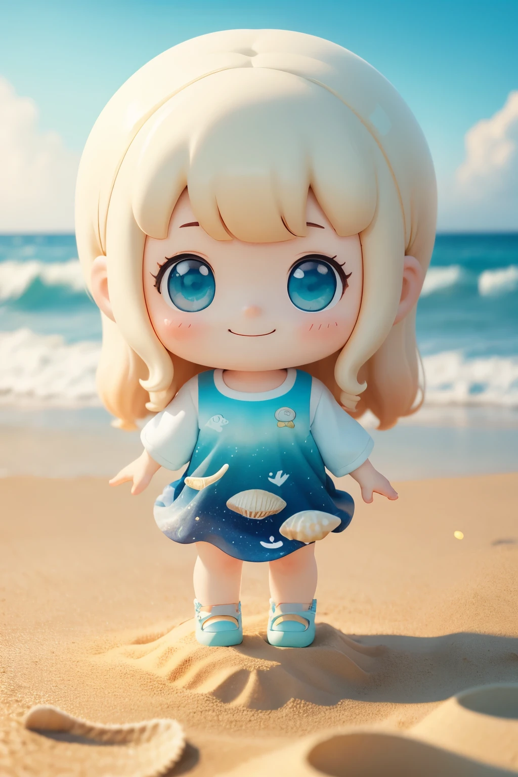 Photoreal、whole body、chibi girl、Clothes with sea scenery printed on them、Seashell Accessories、smile、cute shoes、playing in a pile of sand