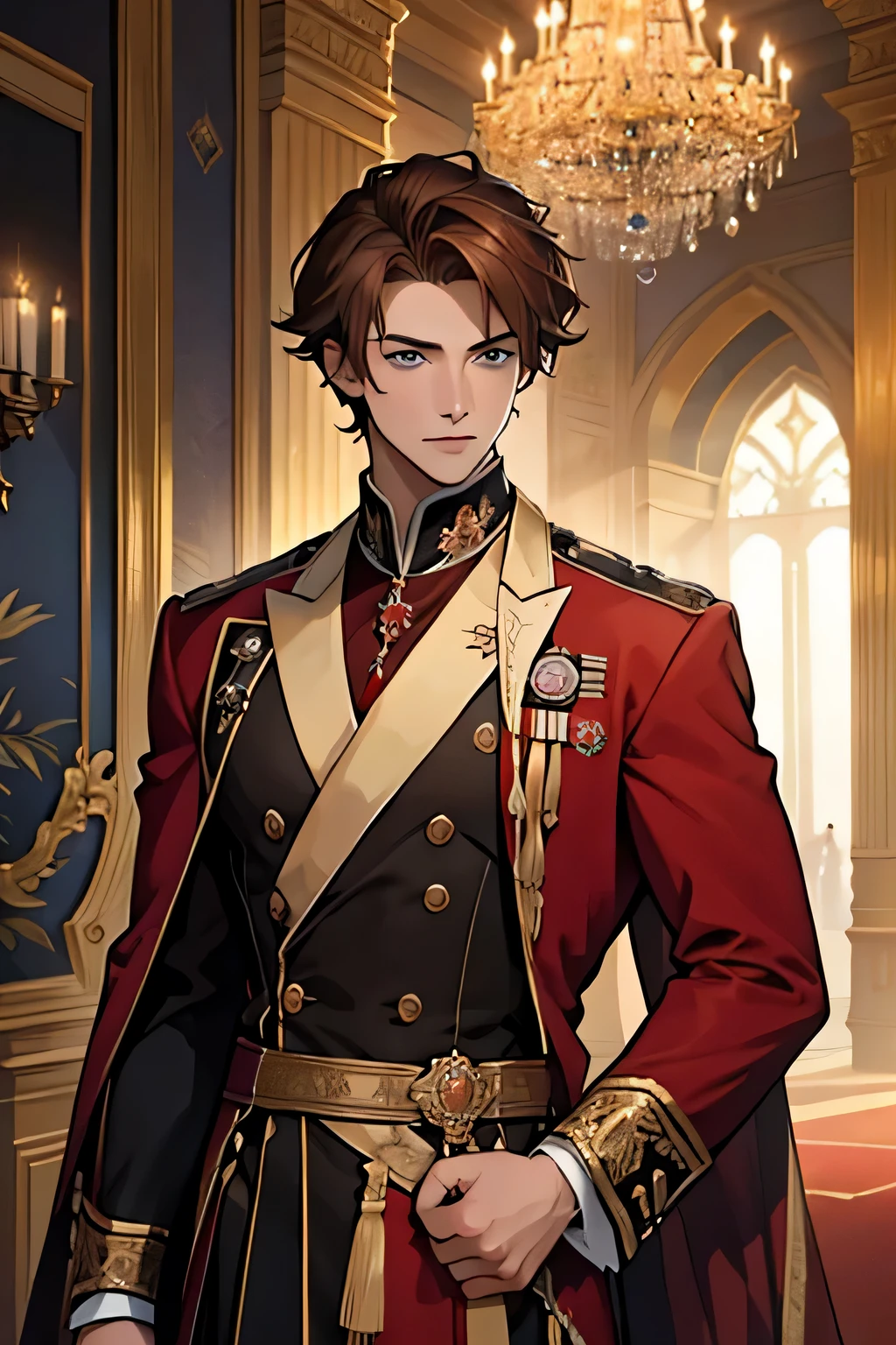 ((best quality)), ((masterpiece)), (detailed), perfect face, young man, male, has reddish-brown hair, has blue eyes, is wearing royal clothing, background is a grand, luxerious palace ballroom