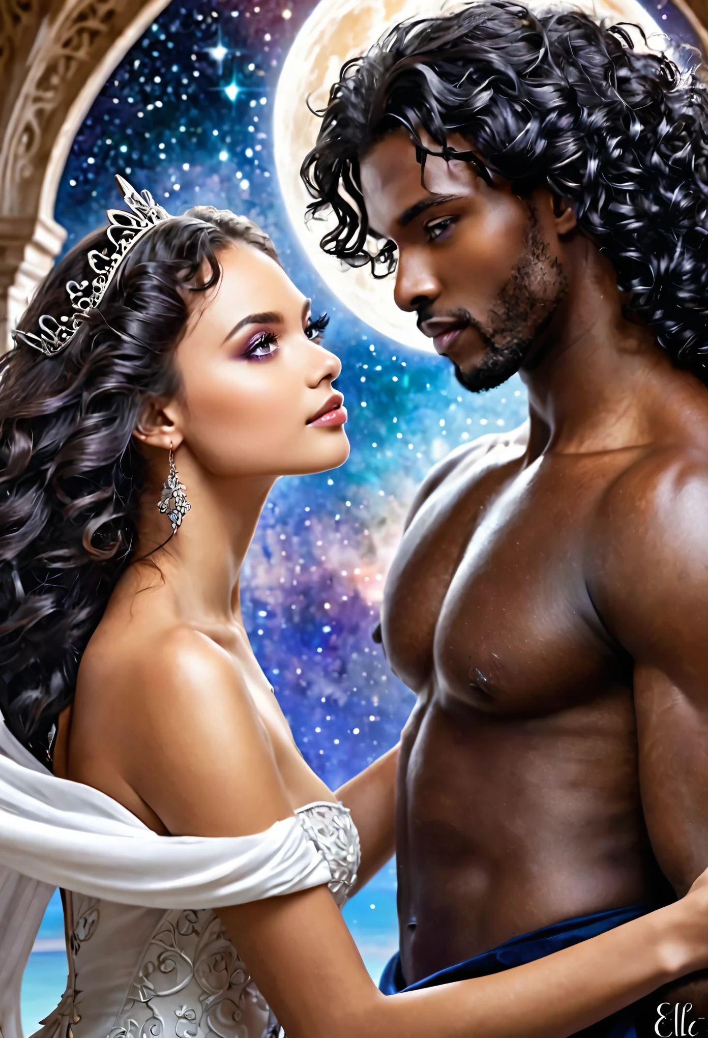 Novel in a celestial landscape, le titre est Desperate to love, couple amoureux, dans un palais, elle est une princesse impérial noire de peau avec des longs cheveux noirs bouclés, he is the leader of the dark skinned warrior angels with curly hair, il a les yeux bleu, elle a les yeux gris, couple torride, couple qui se désire, visage très fins, Colorful eyes, (((very beautiful))), visages parfait, corps entier, Romantic scene, romantic Way, couple sexy 