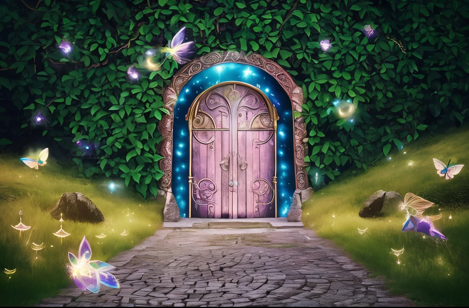 Close-up of a door，Might & Magic, Wonderland Portal, magical portal gateway, Enchanted Jungle, Entering the ethereal realm, secret entrance, A magical door to another world, magical portal, magical scene, The door to the ethereal realm, magical fairy background, magical portal opened, 3D amazing details