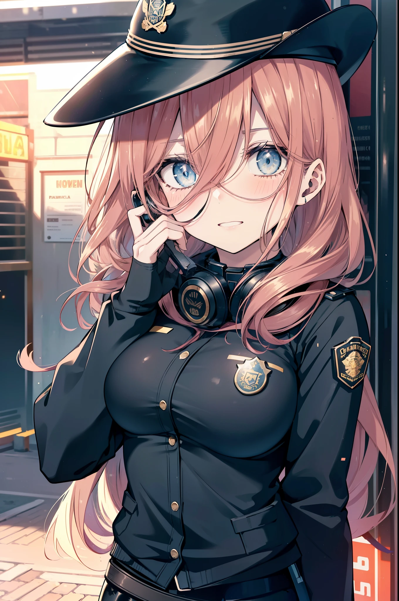 miku nakano, Nakano Miku Ticket III, long hair, bangs, blue eyes, brown hair, hair between eyes, headphones around neck,police hat,smile,blush,open your mouth,sexy police uniform,black pencil skirt,black pantyhose,stiletto heels,The girl salutes with her left hand,Place your right hand on your hip.,Looking up,sunrise,morning,sun,
break outdoors, In town,building street,
break looking at viewer, (cowboy shot:1.5), (Upper body:1.5),
break (masterpiece:1.2), highest quality, High resolution, unity 8k wallpaper, (figure:0.8), (detailed and beautiful eyes:1.6), highly detailed face, perfect lighting, Very detailed CG, (perfect hands, perfect anatomy),