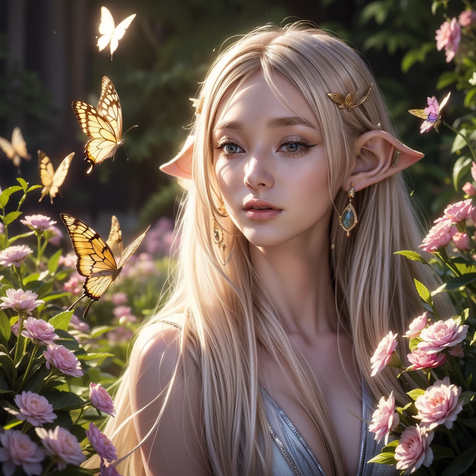 Blond elf with butterfly ears and ears in a garden - SeaArt AI