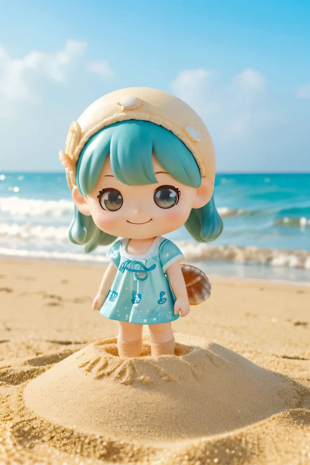 Photoreal、whole body、chibi girl、Clothes with sea scenery printed on them、Seashell Accessories、smile、cute shoes、playing in a pile of sand