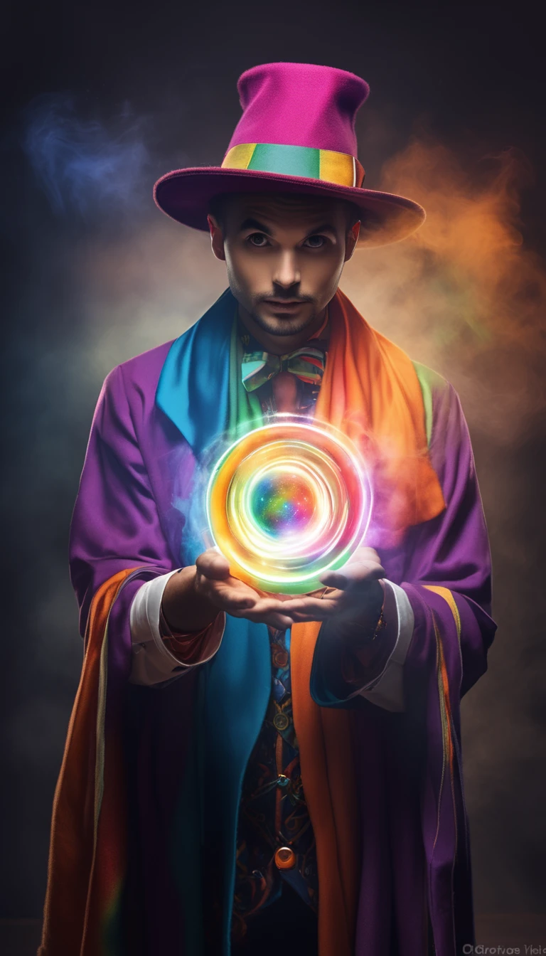 a magic circle create by magician, a very cute magician with the colourfull robe and clothes, the magician looking at viewer 