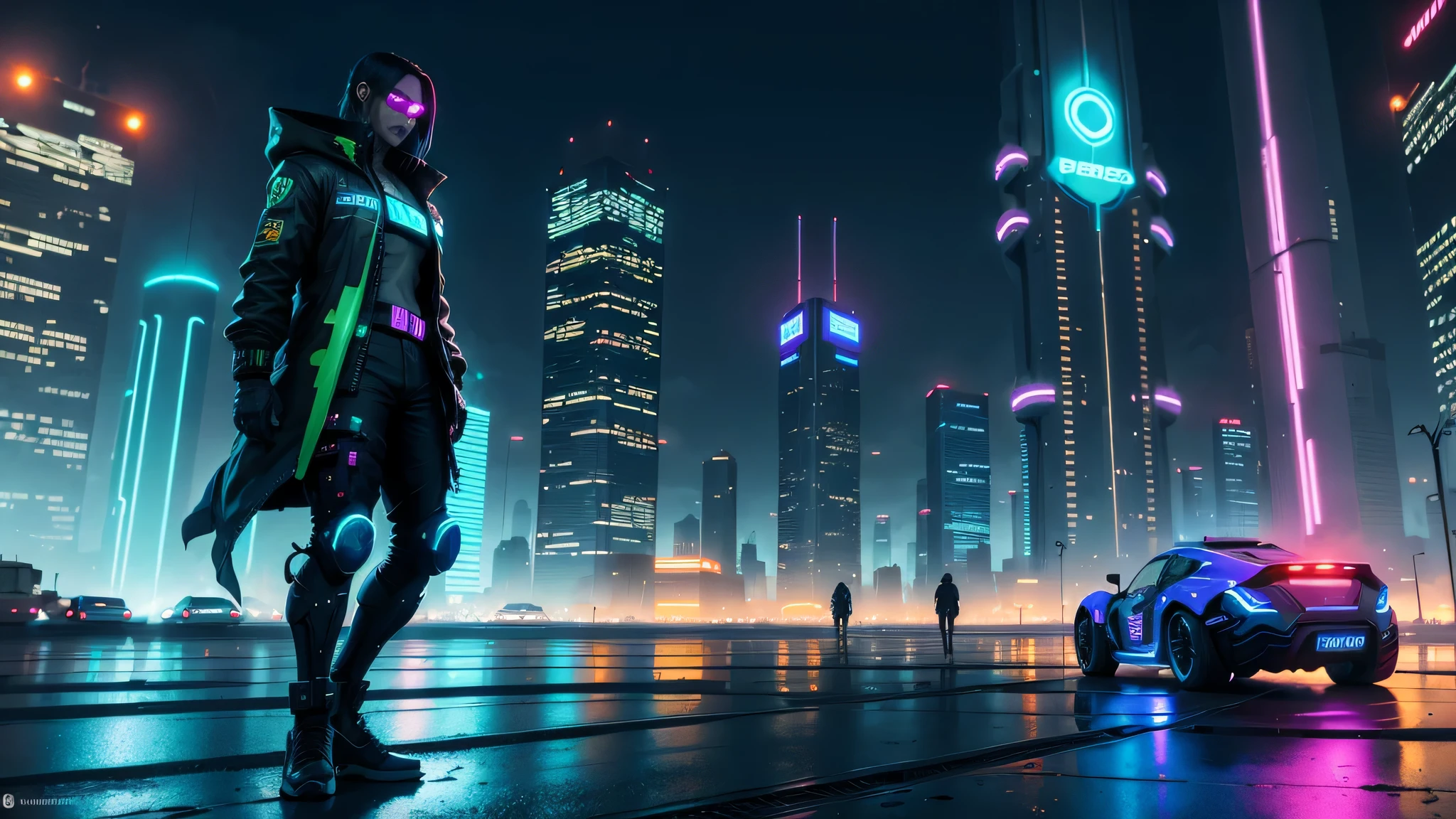 Ciudad futurista estilo cyberpunk, Noche, luces de neon color azul, detallada, super realista.