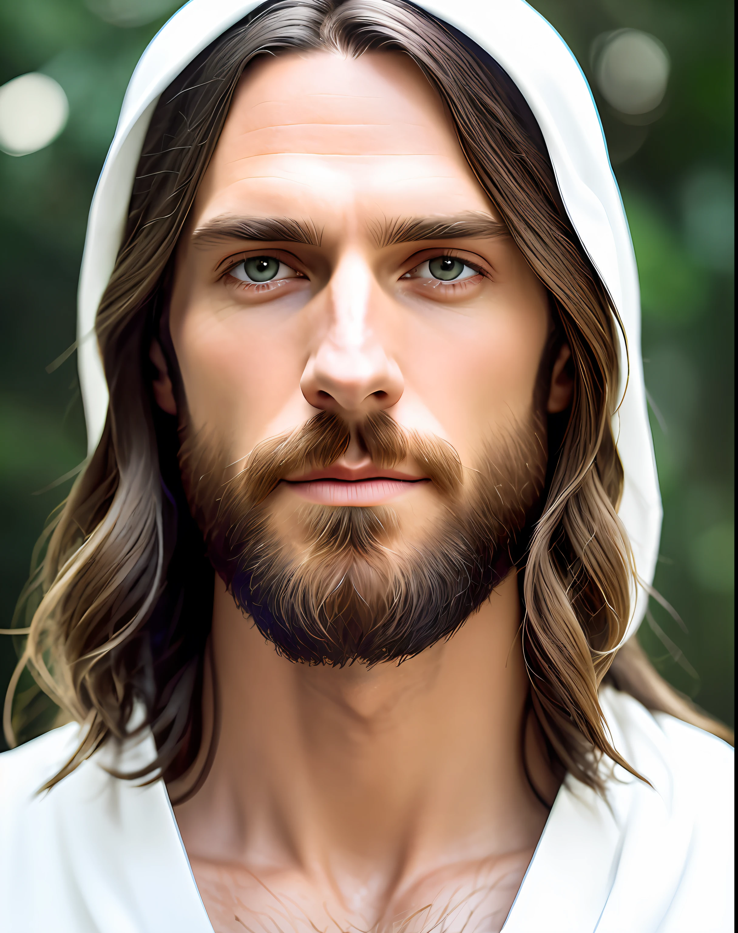 (simetria),centrado,a ((fechar)) acima do retrato,(Jesus),um homem branco muito magro, com cabelos longos e barba,vestindo um longo manto branco,35mm,pele natural,detalhe da roupa, 8K texture, 8K, Detalhes insanos, intricado details, hyperdetailedaltamente detalhado,Realista,soft cinematic light,hdr,sharp focus, ((((cinematic appearance)))),intricado, elegante, altamente detalhado