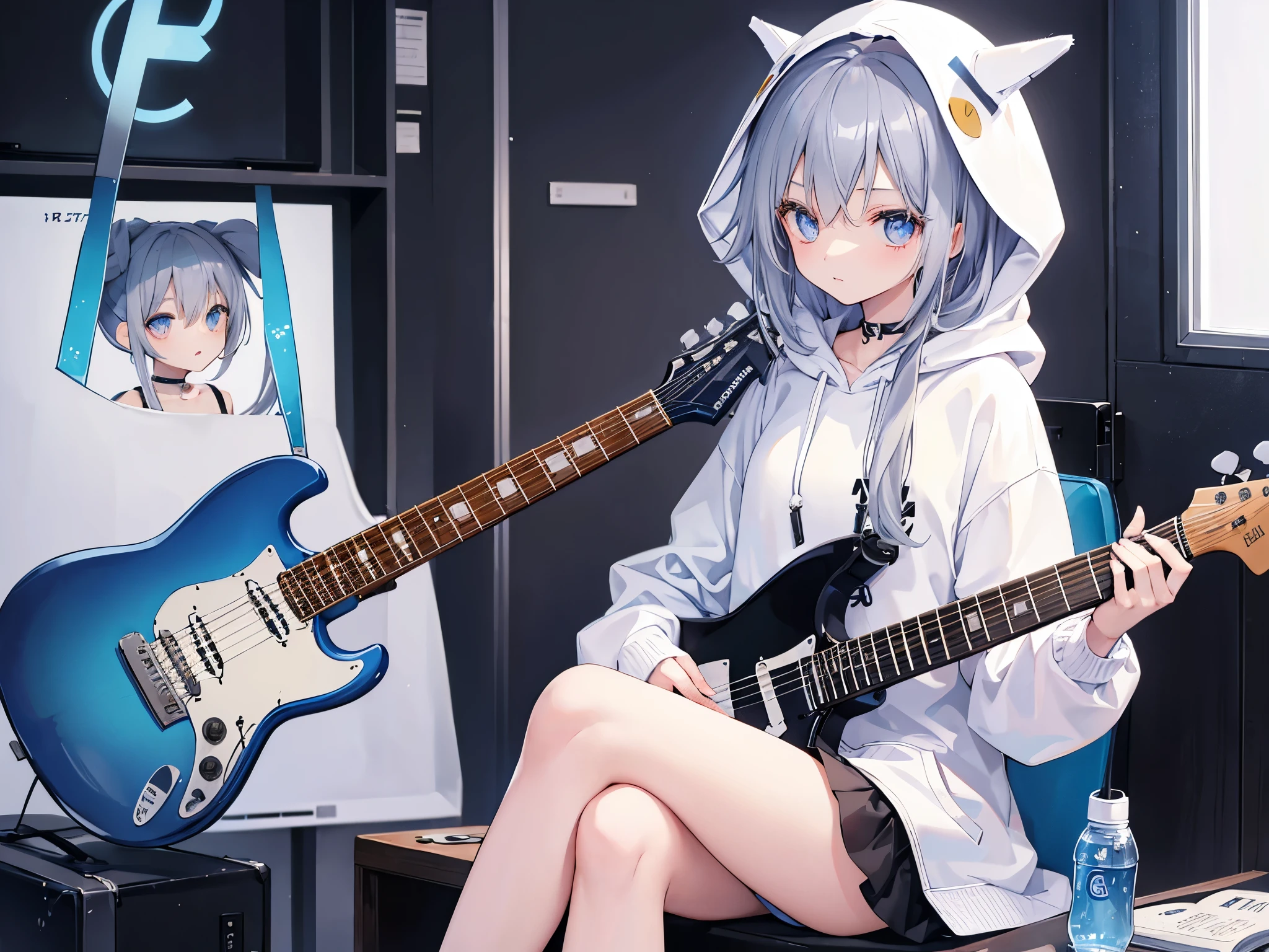 girl、long hair、gray hair、mysterious ramune colored eyes、wearing a white hoodie、Sitting and playing guitar、Black Electric Guitar、6 strings、Refers to 5 books、legs crossed、2 legs、1 guitar、1 person