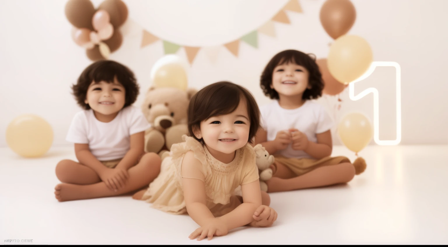 there are three s sitting on the floor with balloons and a teddy bear, foto de retrato, crawling towards the camera, Do it yourself, Muito animado, next generld, twins, phoot, imagem interna, childs, Rapazes, happy birthday, unique design, diversas idades, closeup foto de retrato, cute Rapazes, promo image, foto de retrato, happy , sepia tone