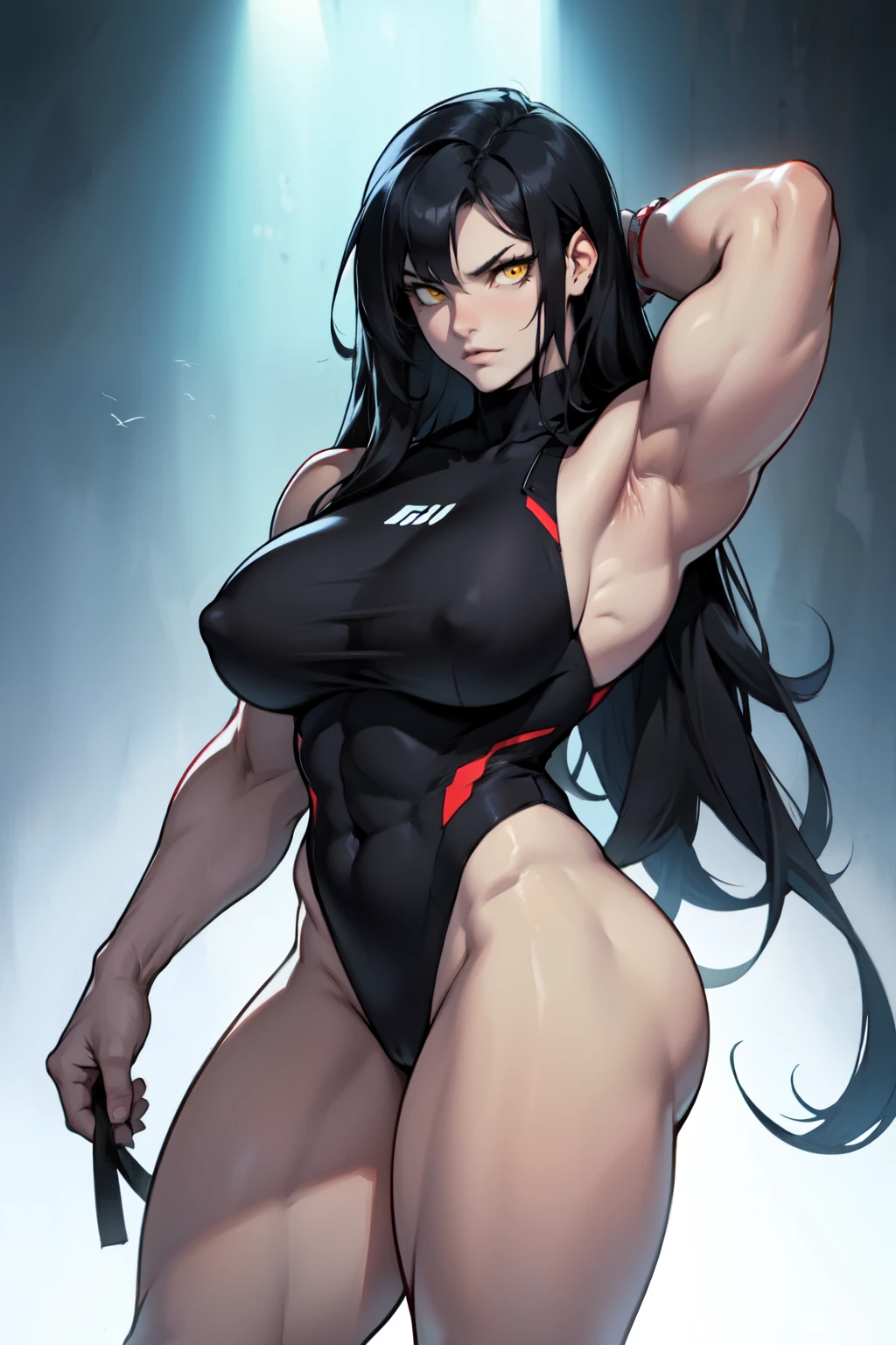 girl  huge muscles huge thighs solo girl black hair extremely long hair pale skin expressionless yellow eyes