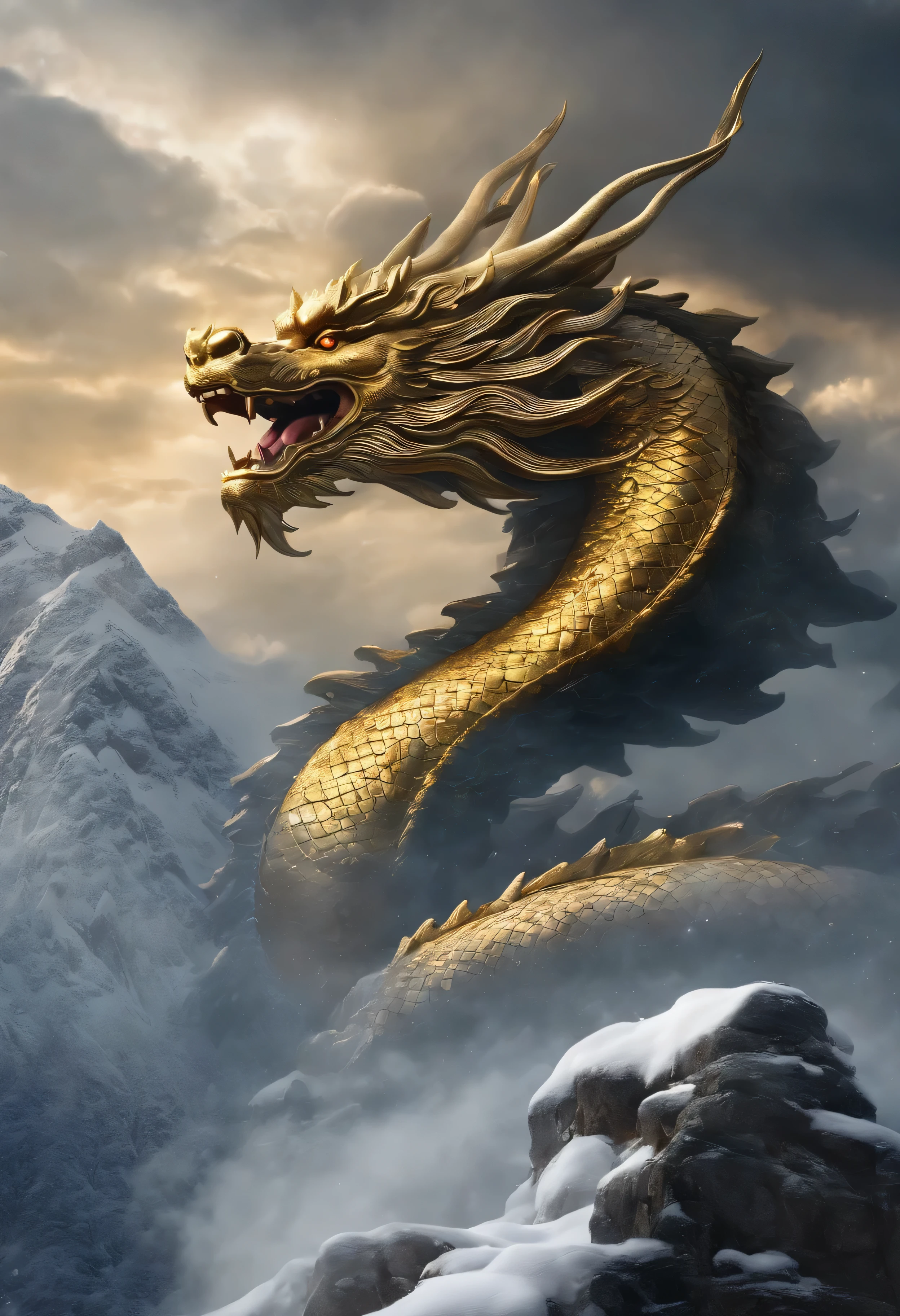huge scary thing,on the snowy mountain,Noble landscape, golden dragon, Shenlong, secret, wonderful, strong, diplomat, movie, chinese silver dragon,thick clouds
