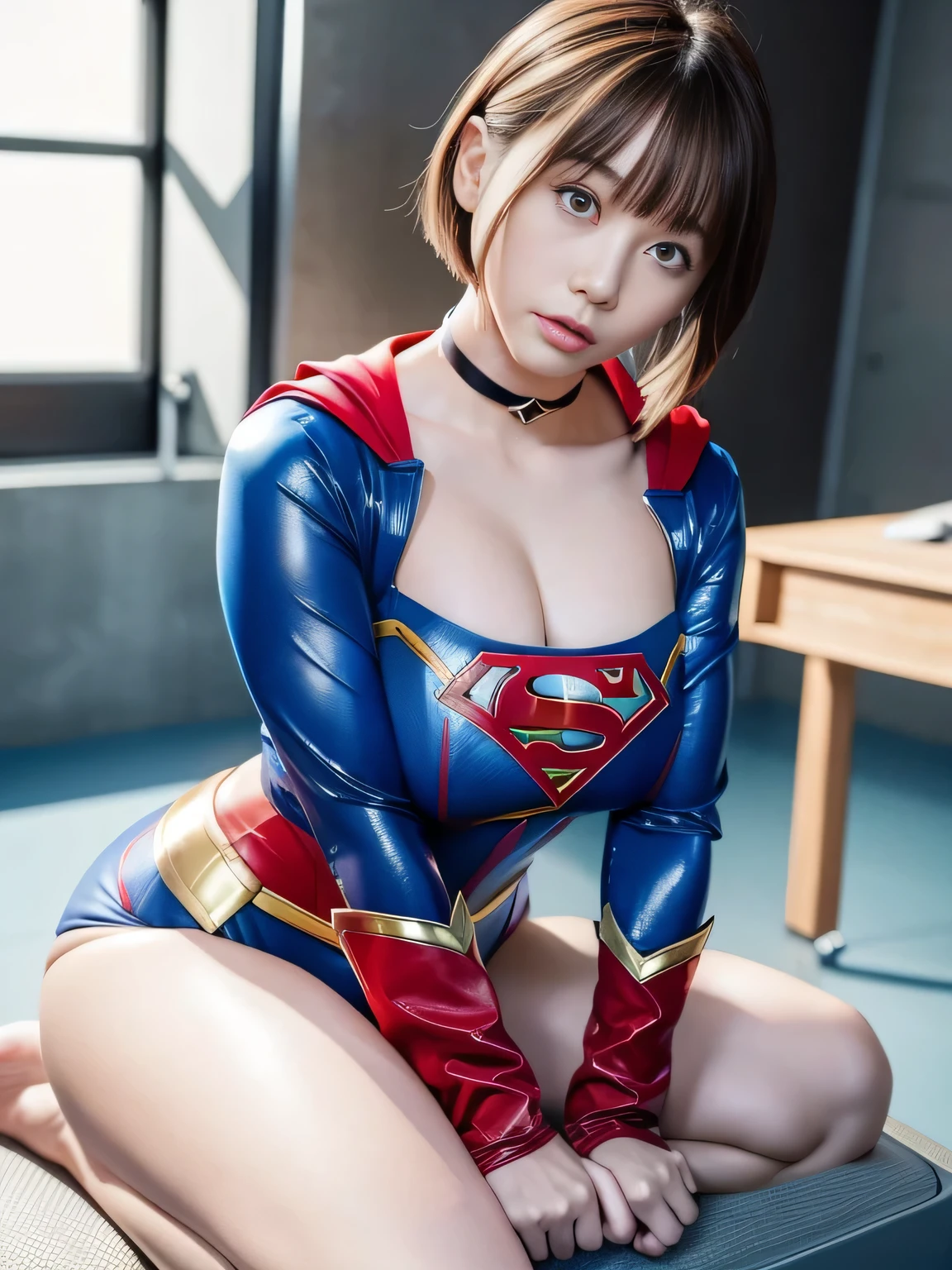 masterpiece、supergirl costume、short hair、barefoot、big and full breasts、human experiment subjects、Research room、operating table、Crisis situation、straddle、choker、shiny、looking at camera、Seduce、choker、long sleeve、high leg leotard、sexy pose、model body shape、