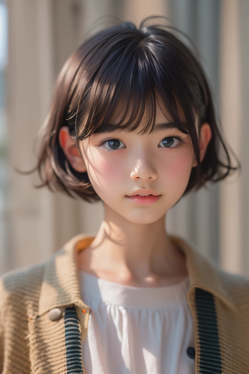 ((sfw: 1.4)), ((sfw, handsome short hair, 1 Girl)), Ultra High Resolution, (Realistic: 1.4), RAW Photo, Best Quality, (Photorealistic Stick), Focus, Soft Light, ((15 years old)), ((Japanese)), (( (young face))), (surface), (depth of field), masterpiece, (realistic), woman, bangs, ((1 girl))