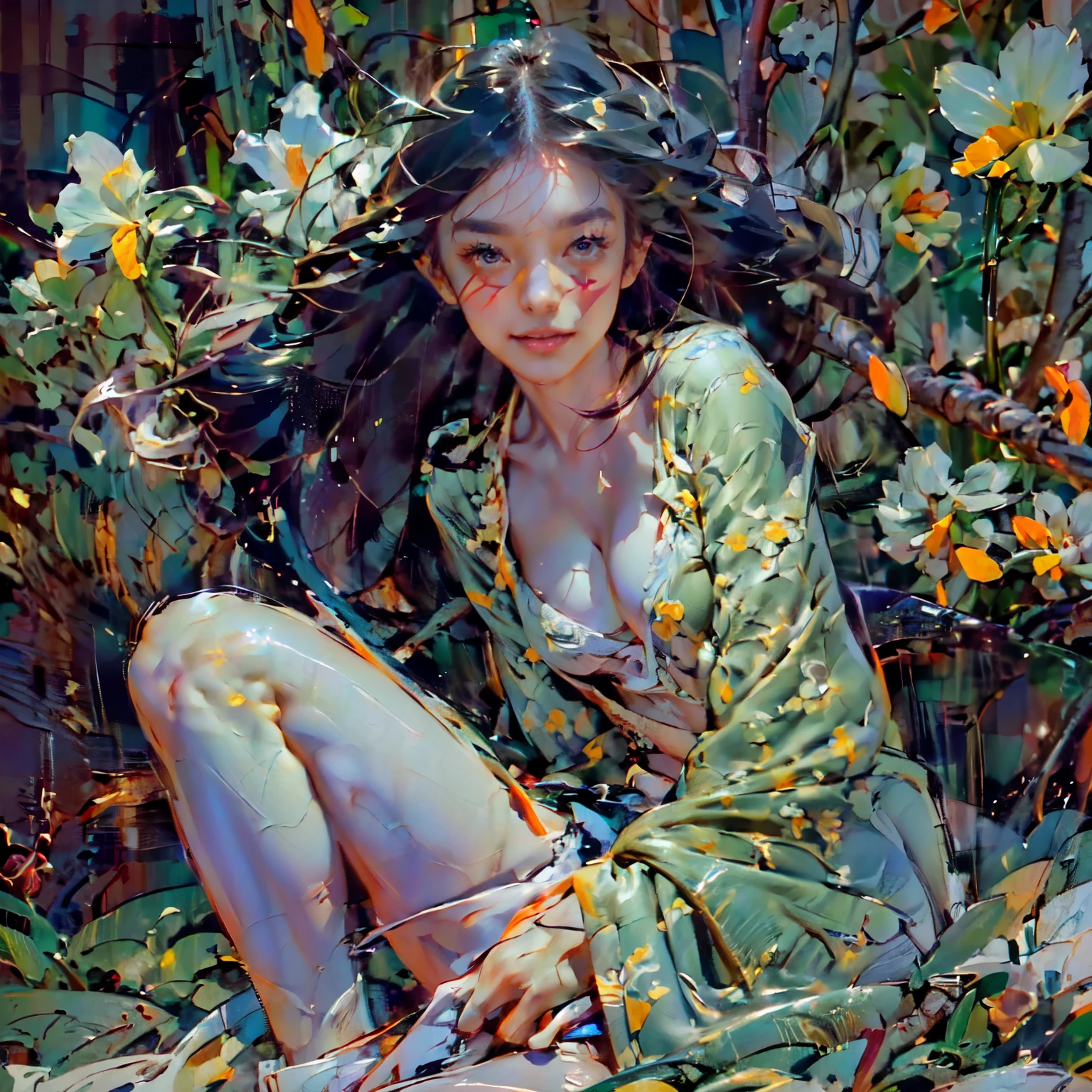 ((Create MaxZenArt!)), (Yuna), (young girl, , naked, full length, naked body, dark hair, light skin, scarlet lips, smile; black, expressive playful eyes, long eyelashes))_( (Top quality, masterpiece), (one young girl - 16 years oldl length, sitting with her legs spread sexy, white hair, white skin, scarlet lips-smile; black, expressive playful eyes, long eyelashes), (black translucent - chiffon dress, golden line, very short peignoir dress, (erotic), (sexy), (spread your legs, genitals), (very sexy body, seductive body, small beautiful breasts), (spread your legs, genitals), (calm relaxed pose, hair fluttering in the wind, half turned, look at the viewer, stylish girl model))_((Digital painting, wide brush stroke, outstanding skill, oil painting), (daylight, soft warm shadows, contrasting cold light, reflexes, refraction, tracing))_((background - stunning blooming irises; (purple, yellow, blue, white), (petals, shoots))_((Highest quality workmanship, realism, digital painting, modern brushwork, clear correct anatomy, grace, simplicity of execution))