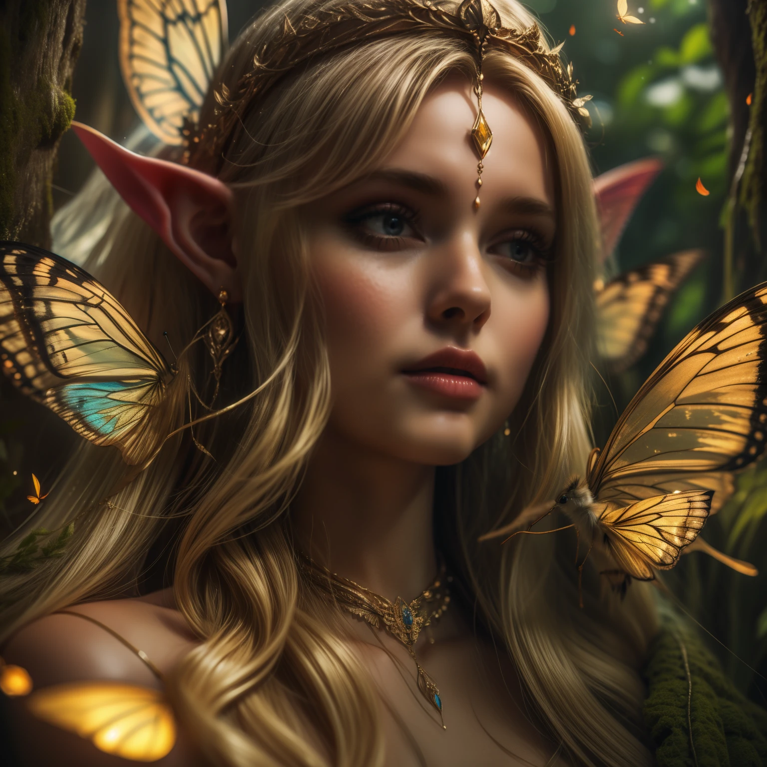 A beautiful divine blonde elf, with straight blonde hair with bangs, with beautiful eyes, silky skin, beautiful lips, wearing an earring, wearing a light elven dress, with a butterfly wing on her shoulders, with a shiny areula like the sun behind her head , butterflies flying from the sides, surrounded by beautiful flowers and butterflies, divine elf of the sanctuary, elven goddess of divine power, holy and worshiped goddess.