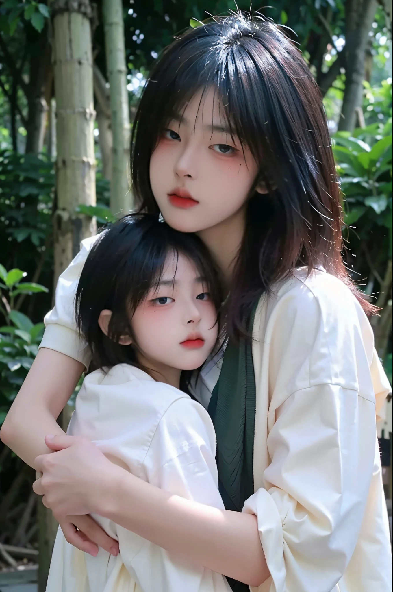 (8k, RAW photo:1.2)detailed face and eyes,最high quality, 超A high resolution, very detailed ,intricate details、bedroom、Javanese blouse、pretty girl , soft movie-like light, hyper detail,sharp focus, high quality, dripping from, green veil, shawl, in the forest, girl hug a kid boy