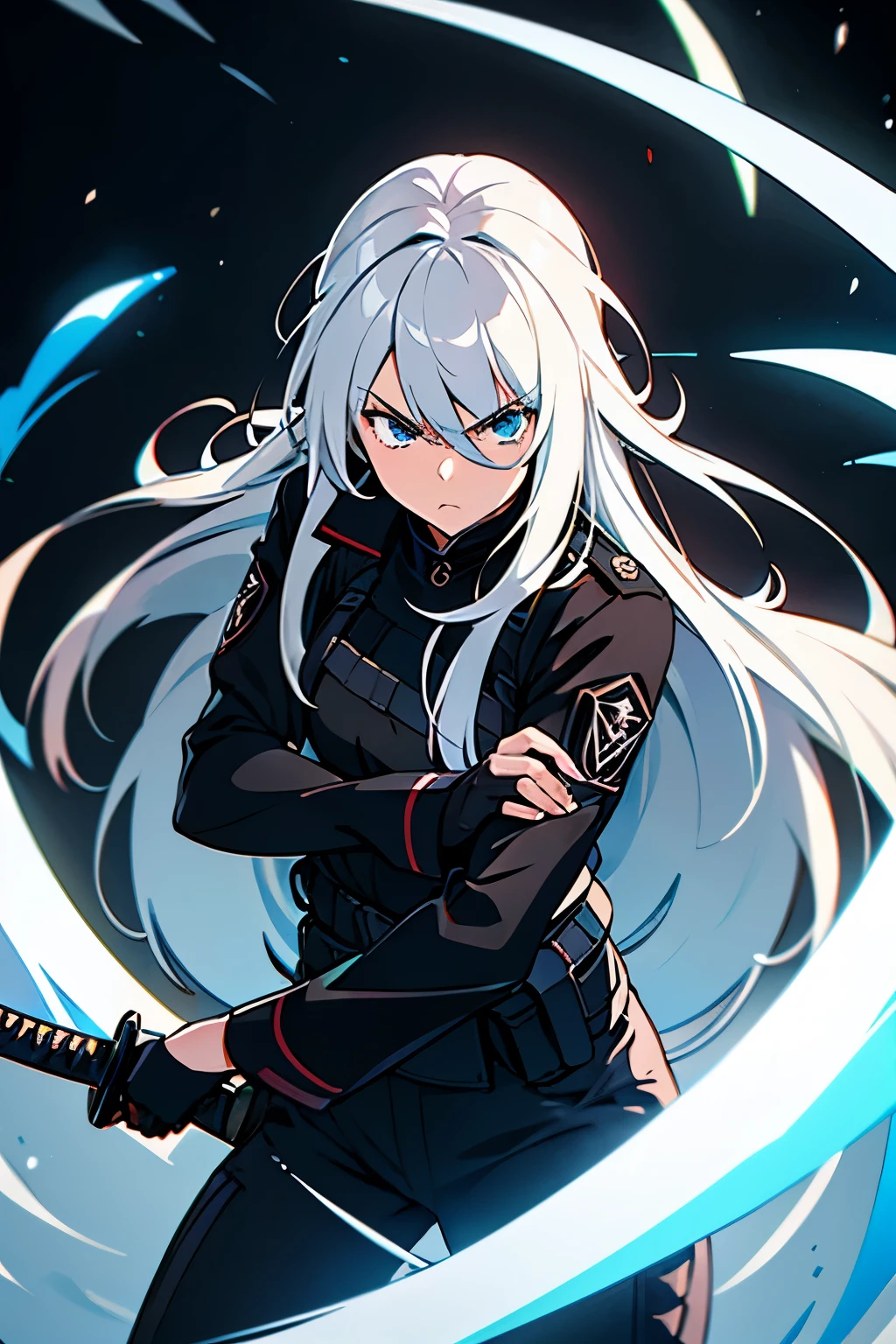 Girl with long white hair with black highlights, blue eyes, black pants, black tactical blouse, katana in her hands, serious look. 