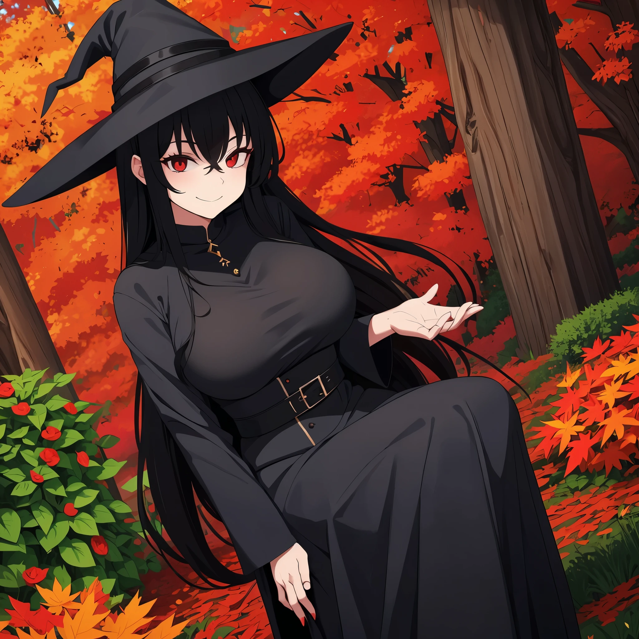 Woman in black outfit with red sorceress details, long black hair, red eyes, witch hat, smiling, big breasts, in an autumn themed garden