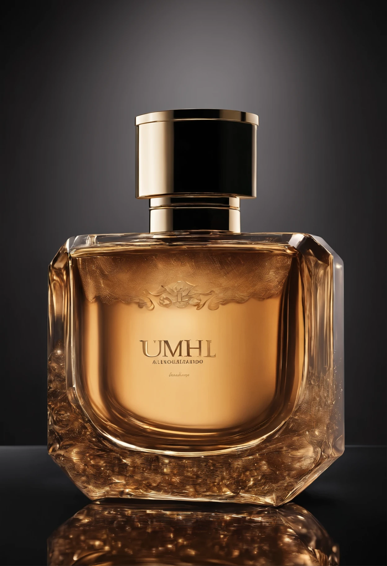 Attractive design on a black product display background, Leave an empty space,Para que eu possa inserir uma imagem Perfume . The background should exude elegance and sophistication, Melhore o apelo visual do perfume que colocarei na imagem. You are free to use enlightenment, texturizado, and composition to create a luxurious atmosphere,Uma vez adicionado,Perfume will be the central focus.