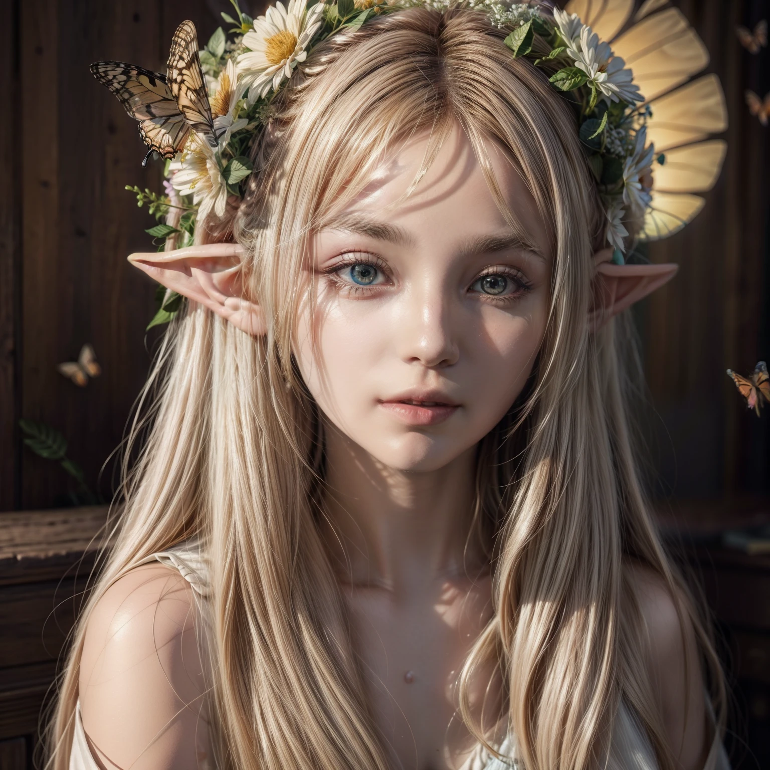 A beautiful divine blonde elf, with straight blonde hair with bangs, with beautiful eyes, silky skin, beautiful lips, wearing an earring, wearing a light elven dress, with a butterfly wing on her shoulders, with a shiny areula like the sun behind her head , butterflies flying from the sides, surrounded by beautiful flowers and butterflies, divine elf of the sanctuary, elven goddess of divine power, holy and worshiped goddess.