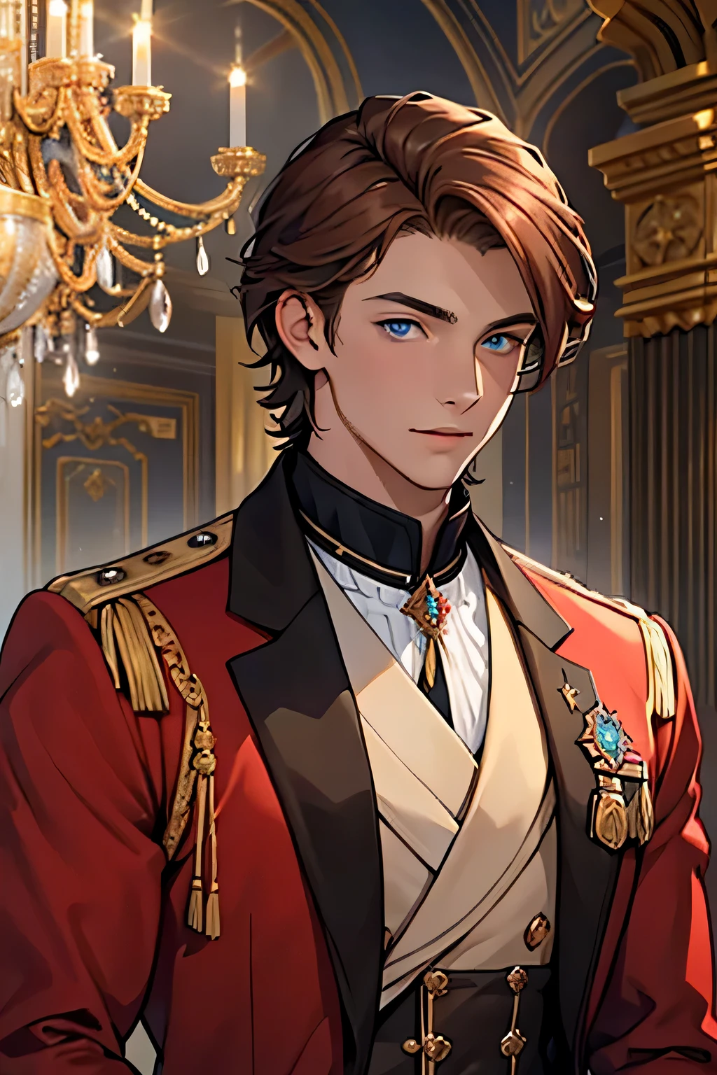 ((best quality)), ((masterpiece)), (detailed), perfect face, young man, male, has reddish-brown hair, has blue eyes, is wearing european-style royal clothing, background is a grand, luxurious palace ballroom