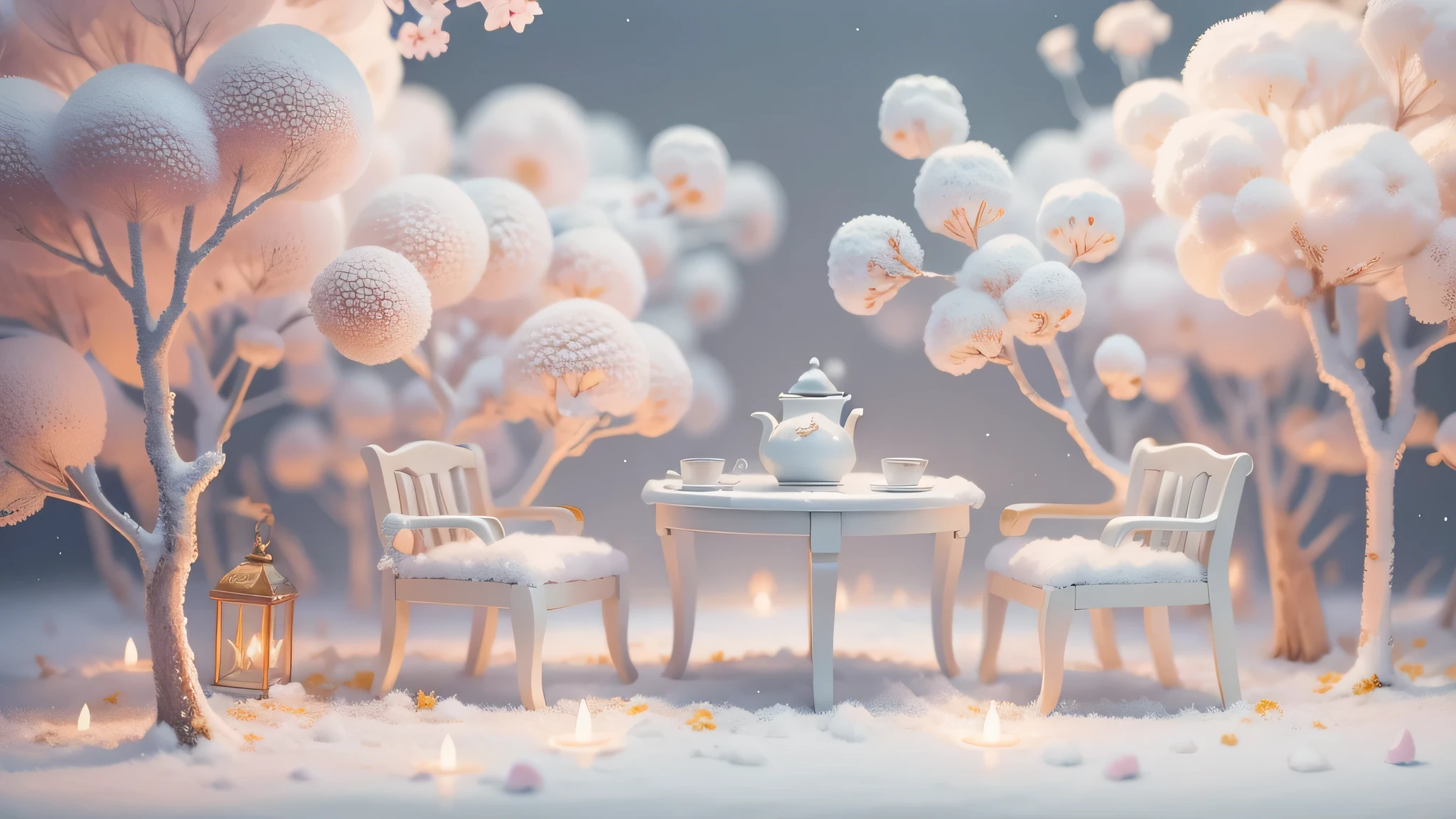 Magic garden miniature scene, delicate white flowers、soft glowing branches、Illuminated by happy smiling miniatures. 8K Autorealist,above the clouds、A lot of white cotton is falling on the ground、Fluffy cotton chair、cotton table