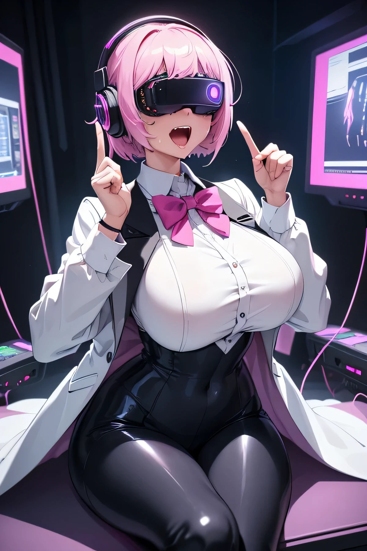 Anime cyborg girl sitting in a pilot seat wearing a virtual reality headset covering her eyes on her face with machinery and tubes and wires going inside her head and brain, (Best quality,highres:1.2), ultra-detailed, (realistic:1.3), cyberpunk, futuristic, portrait, shiny revealing latex outfit, cyber implants, virtual reality, drooling face, cables plugging into brain, shirt collar, bowtie, formal clothing, open mouth smile, facing viewer, girl is vibrating, glowing virtual reality headset, relaxed expression, blushing, cyber future formal wear, cyberpunk, futuristic, brain drain, cyber implants, virtual reality, drooling face, virtual reality headset covering eyes, school uniform, big collar, high collar, open mouth smile, pleasured face expression, skin tight clothing, big shirt collar, big bowtie, biggest breasts in the world, light-emitting cable connected to brain, head antennas, oversized headphones, breasts are vibrating, open mouth drooling, pleasured expression, red face blush, cyborg, android, mechanical creature, mechanical torso, futuristic cyberpunk cyborg body, slim futuristic android, glowing lights on girls body, power cells, head is emitting pink light, formal shirt collar, big formal bowtie, school uniform, glowing nipples, big shirt collar, high collar, white collar, electrocution, girl being electrocuted, electricity, electricity sparks, pink hair, short hair, neon pink hair, body modification, orgasm, pleasure, (VR headset covering the eyes), pointing index finger up, half smile, excited expression, girl has a genius idea, picking noise with index funger, a mass of cables connected to the girl's brain, white suit coat, black vest, white dress shirt, nose picking, finger in nostril, girl picking her nose