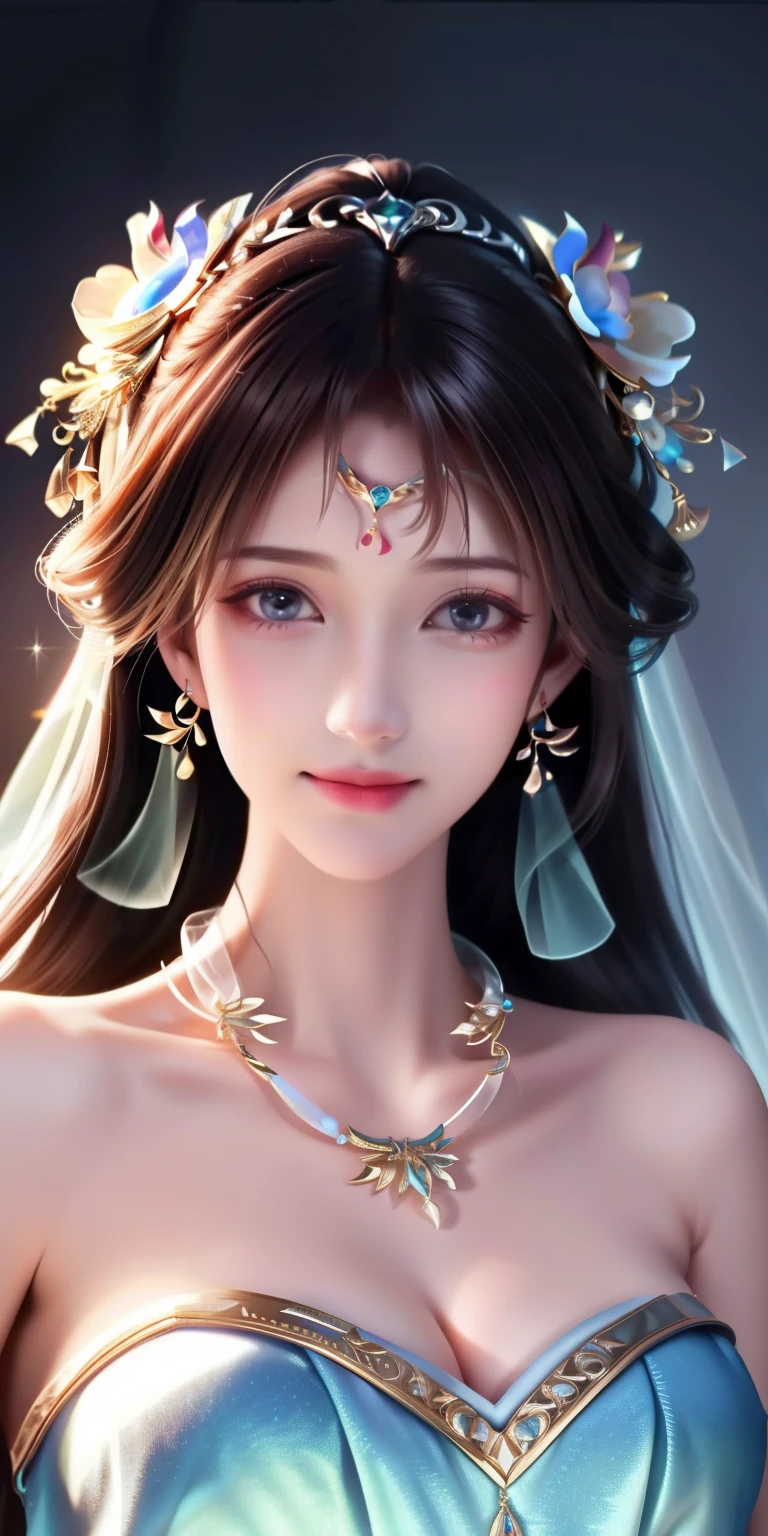 Best Quality, Masterpiece, High Resolution, 1girl, Clear Silk Porcelain Dress, Pretty Face, Hair Accessories, Look at the Audience, Smile, Close Mouth, Lips, Dress, Hair Accessories, Necklaces, Jewelry, Long Hair, Earrings, Beautiful Face, Body, Tindal Effect, Realism, Shadow Studio, Edge Lighting, Two-Color Lighting, (High Detail Skin: 1.2), 8k UHD, DSLR, Soft Light, High Quality, Volume Lighting, Photo, High Resolution 4K, 8k, Blurred Background