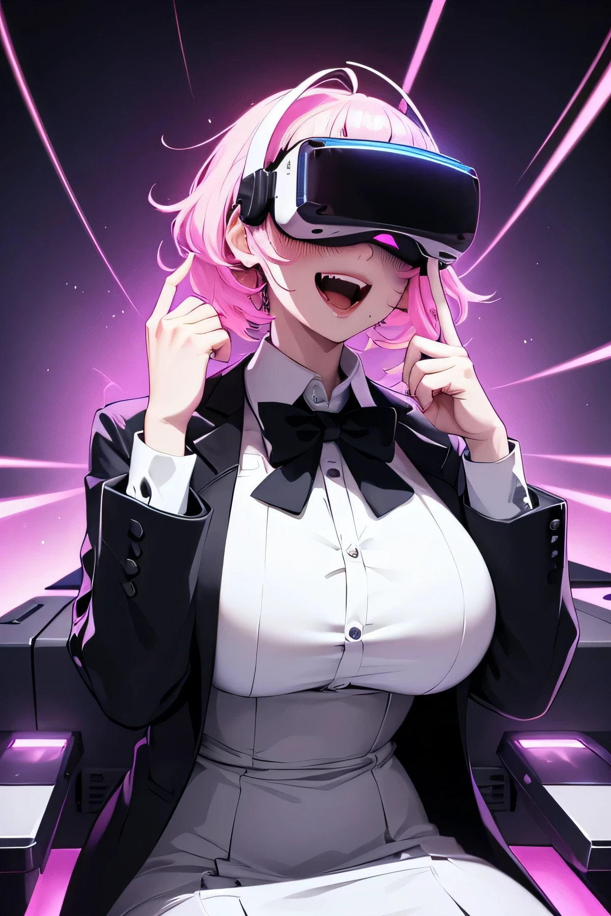 Anime cyborg girl sitting in a pilot seat wearing a virtual reality headset covering her eyes on her face with machinery and tubes and wires going inside her head and brain, (Best quality,highres:1.2), ultra-detailed, (realistic:1.3), cyberpunk, futuristic, portrait, shiny revealing latex outfit, cyber implants, virtual reality, drooling face, cables plugging into brain, shirt collar, bowtie, formal clothing, open mouth smile, facing viewer, girl is vibrating, glowing virtual reality headset, relaxed expression, blushing, cyber future formal wear, cyberpunk, futuristic, brain drain, cyber implants, virtual reality, drooling face, virtual reality headset covering eyes, school uniform, big collar, high collar, open mouth smile, pleasured face expression, skin tight clothing, big shirt collar, big bowtie, biggest breasts in the world, light-emitting cable connected to brain, head antennas, oversized headphones, breasts are vibrating, open mouth drooling, pleasured expression, red face blush, cyborg, android, mechanical creature, mechanical torso, futuristic cyberpunk cyborg body, slim futuristic android, glowing lights on girls body, power cells, head is emitting pink light, formal shirt collar, big formal bowtie, school uniform, glowing nipples, big shirt collar, high collar, white collar, electrocution, girl being electrocuted, electricity, electricity sparks, pink hair, short hair, neon pink hair, body modification, orgasm, pleasure, (VR headset covering the eyes), pointing index finger up, half smile, excited expression, girl has a genius idea, picking noise with index funger, a mass of cables connected to the girl's brain, white suit coat, black vest, white dress shirt, nose picking, finger in nostril, girl picking her nose