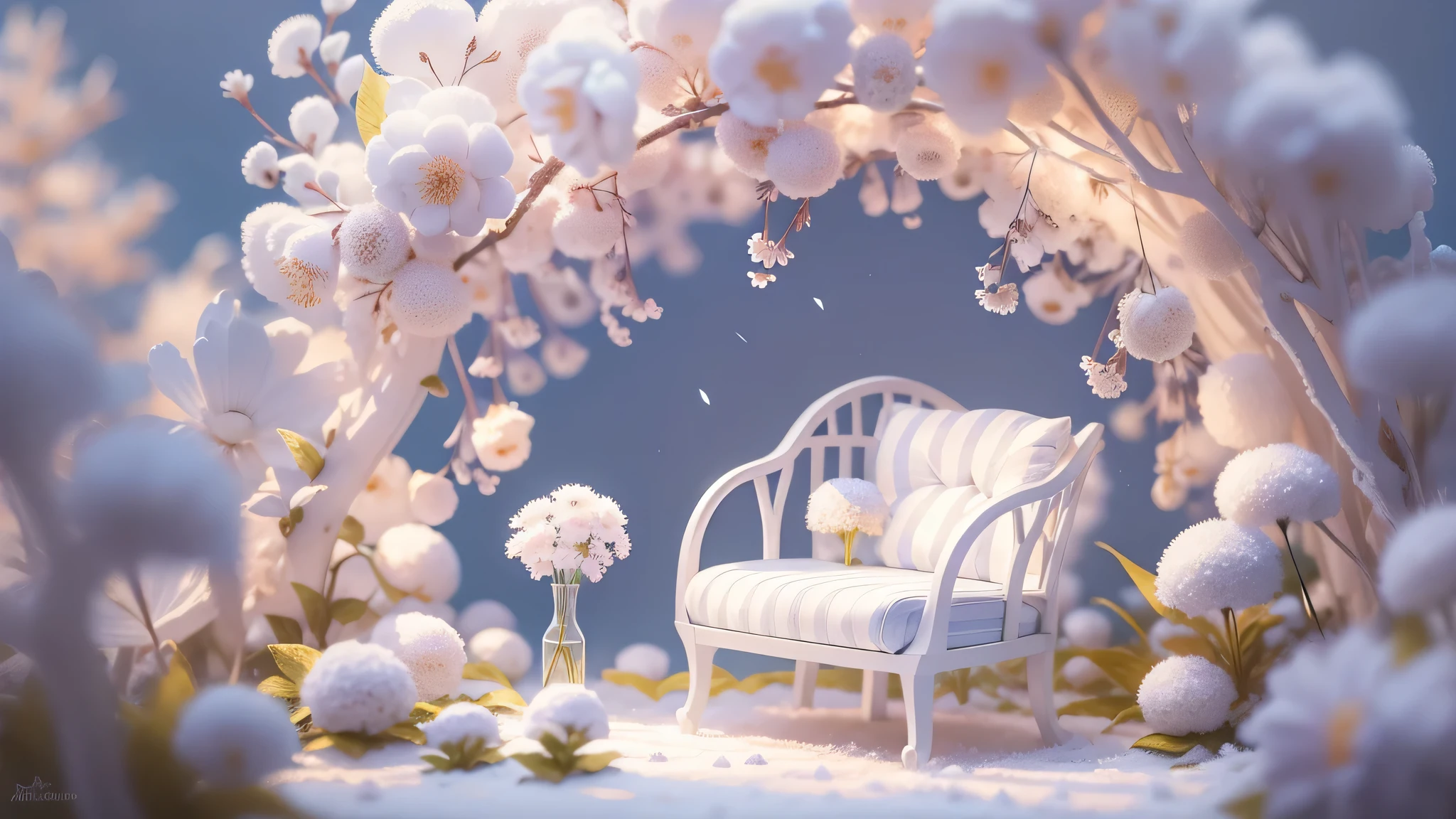 Magic garden miniature scene, delicate white flowers、soft glowing branches、Illuminated by happy smiling miniatures. 8K Autorealist,above the clouds、A lot of white cotton is falling on the ground、Fluffy cotton chair、cotton table、rainbow