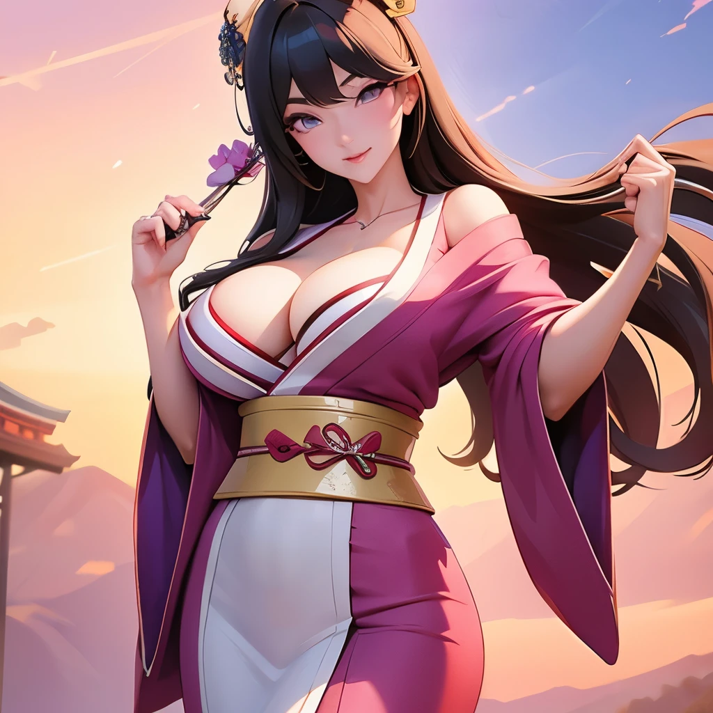 Gorgeous Japanese Mao Abe Hitomi Tanaka in a short kimono showing off her body, anime style, anime realism, Mao Abe mixed with Hitomi Tanaka, lascivious smile, smokey eyes, mid-twenties with a supple female body, CC-size breasts, anime style long hair, cleavage