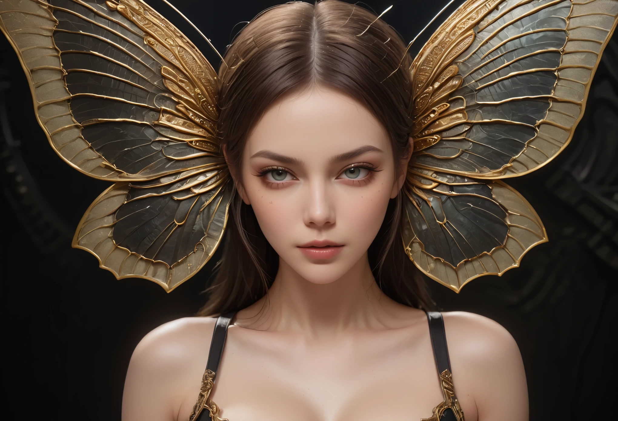 8k portrait of beautiful cyborg with brown hair, intricate, elegant, highly detailed, majestic, digital photography, art by artgerm and ruan jia and greg rutkowski surreal painting gold butterfly filigree, broken glass, (masterpiece, sidelighting, finely detailed beautiful eyes: 1.2), hdr, (detailed background window to a new dimension, plants and flowers:0.7) infinity, infinite symbol,