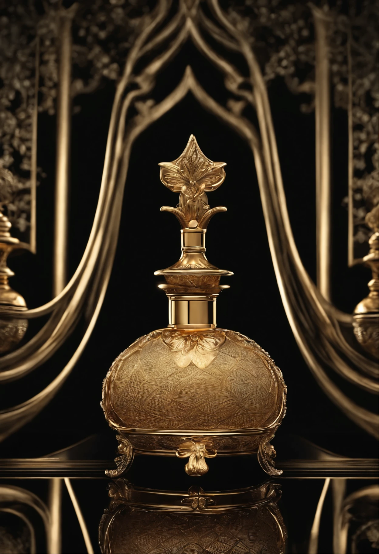 Attractive design on a black product display background, Leave an empty space,Para que eu possa inserir uma imagem Perfume . The background should exude elegance and sophistication, Melhore o apelo visual do perfume que colocarei na imagem. You are free to use enlightenment, texturizado, and composition to create a luxurious atmosphere,Uma vez adicionado,Perfume will be the central focus.