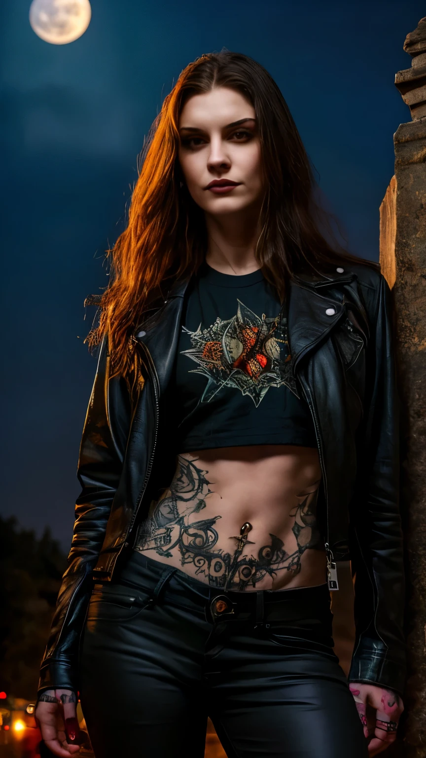 Best Quality,Masterpiece,Ultra High Resolution,(Realisticity:1.4),Original Photo,Cinematic Lighting, 1girl, solo, Metalhead Style girl in front of a cemitery at night under the moonlight, tattooed, wearing ripped black pants, black full t-shirt, jacket, fit body, heavy metal style, photography, wojtek fus, heavy metal art style, angry gorgeous goddess, female vampire warrior, heavy metal concert. realistic, datailed, detailed face, 4K.