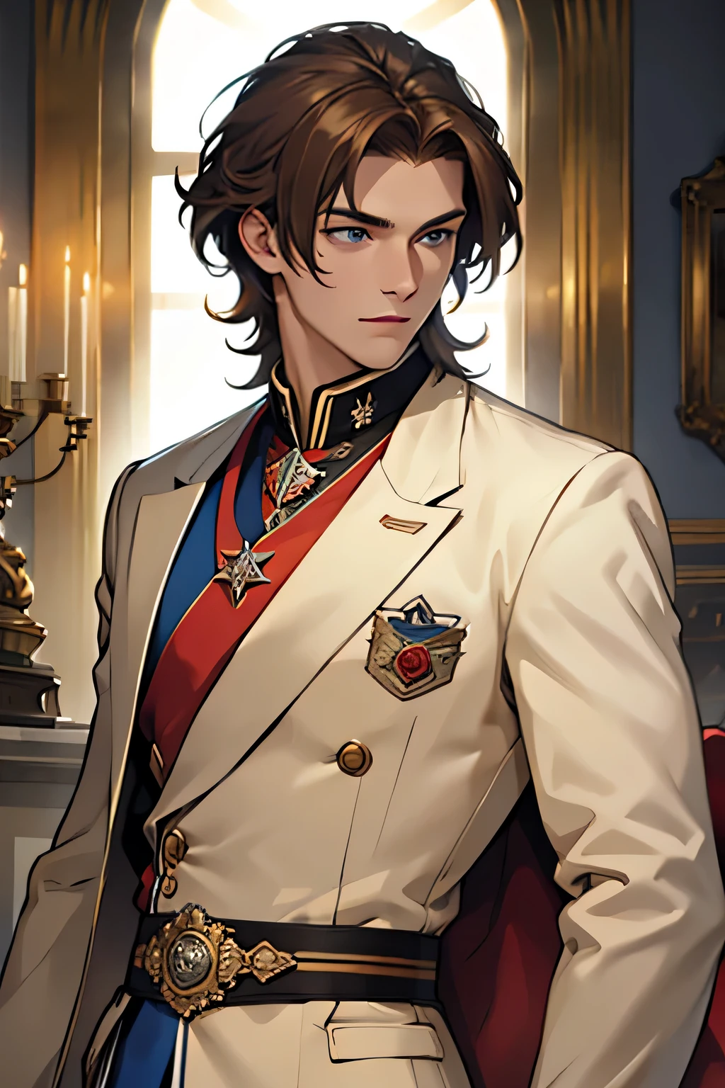 ((best quality)), ((masterpiece)), (detailed), perfect face, young man, male, has reddish-brown hair, has blue eyes, is wearing european-style royal clothing, background is a grand, luxurious palace ballroom