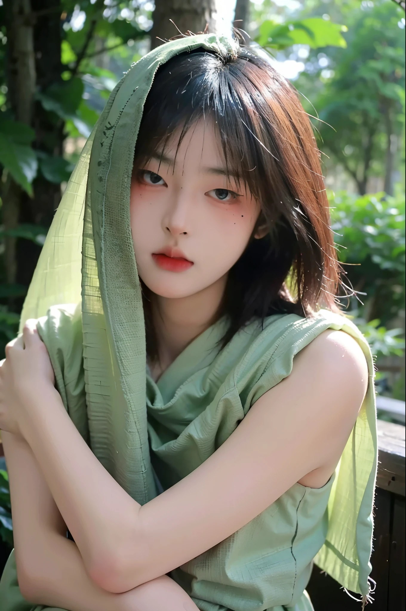 (8k, RAW photo:1.2)detailed face and eyes,最high quality, 超A high resolution, very detailed ,intricate details、bedroom、Javanese blouse、pretty girl , soft movie-like light, hyper detail,sharp focus, high quality, dripping from, green veil, shawl, in the forest, girl hug a kid boy