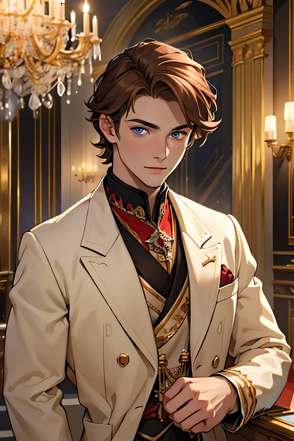 ((best quality)), ((masterpiece)), (detailed), perfect face, young man, male, has reddish-brown hair, has blue eyes, is wearing european-style royal clothing, background is a grand, luxurious palace ballroom