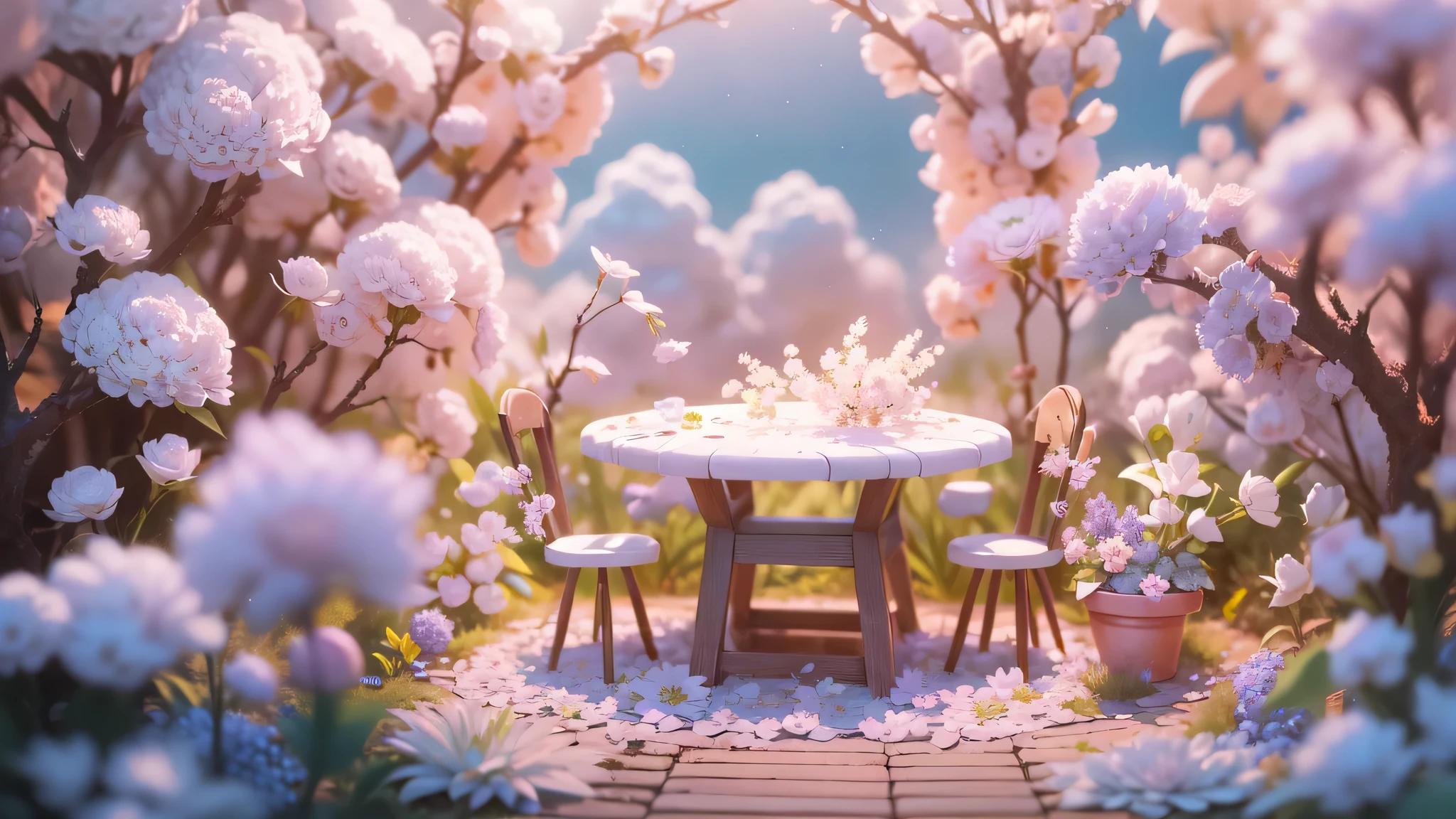 Magic garden miniature scene, delicate white flowers、soft glowing branches、Illuminated by happy smiling miniatures. 8K Autorealist,above the clouds、A lot of white cotton is falling on the ground、Fluffy cotton chair、cotton table、rainbow