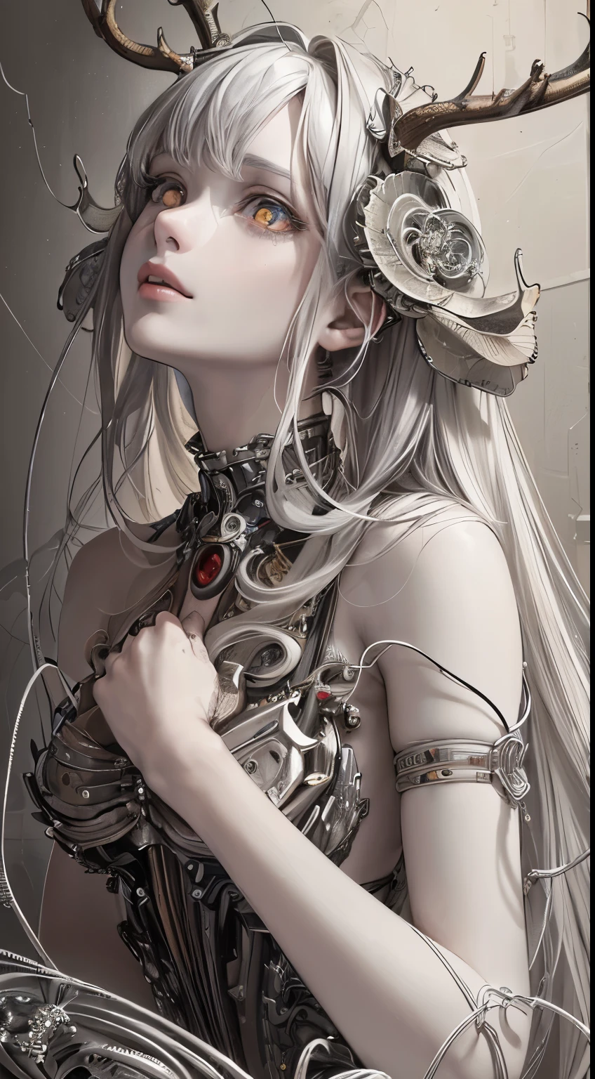 (((Masterpiece))), (((Best Quality))), ((Ultra-detailed)), (highly detailed CG illustration), ((extreamly delicate and beautiful)),(from side),cinematiclight,((1mechanical girl)),solo,full - body,(Machine-made hinges:1.2),((mechanical blood vessels of the extremities, connected to a tubular mechanical vertebra, Attaches to the back),((mechanical cervial attaching to neck)),(sitting),expressionless,(Wires and cables, Neck fastening:1.2),(wires and cables on the head:1.2)(focus character),science fiction,extremely detail,Colorful,extreme detail, (gray hair:1.2), (White bright eyes:1.3), (Detailed face and eyes:1.4), ((Antlers))