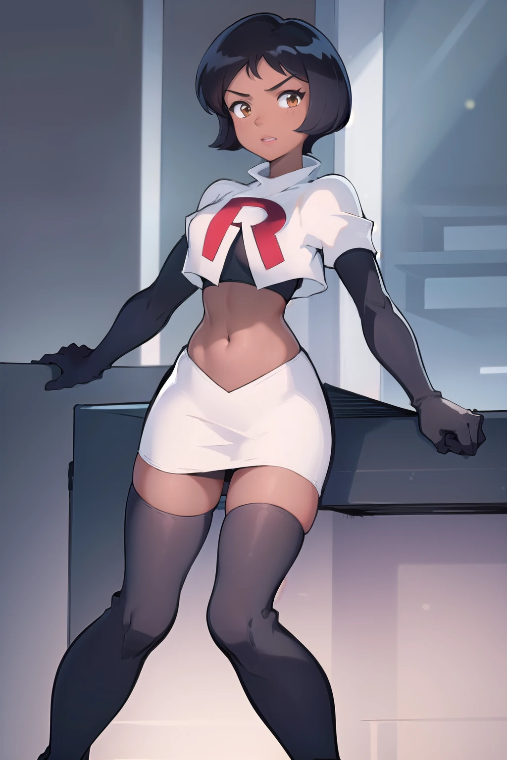 ((masterpiece, best quality)), 1girl,solo, alex, short hair, black hair, brown eyes, dark skin, tan, lipstick, team rocket,team rocket uniform,white skirt,red letter R,crop top,black thigh-highs,black elbow gloves