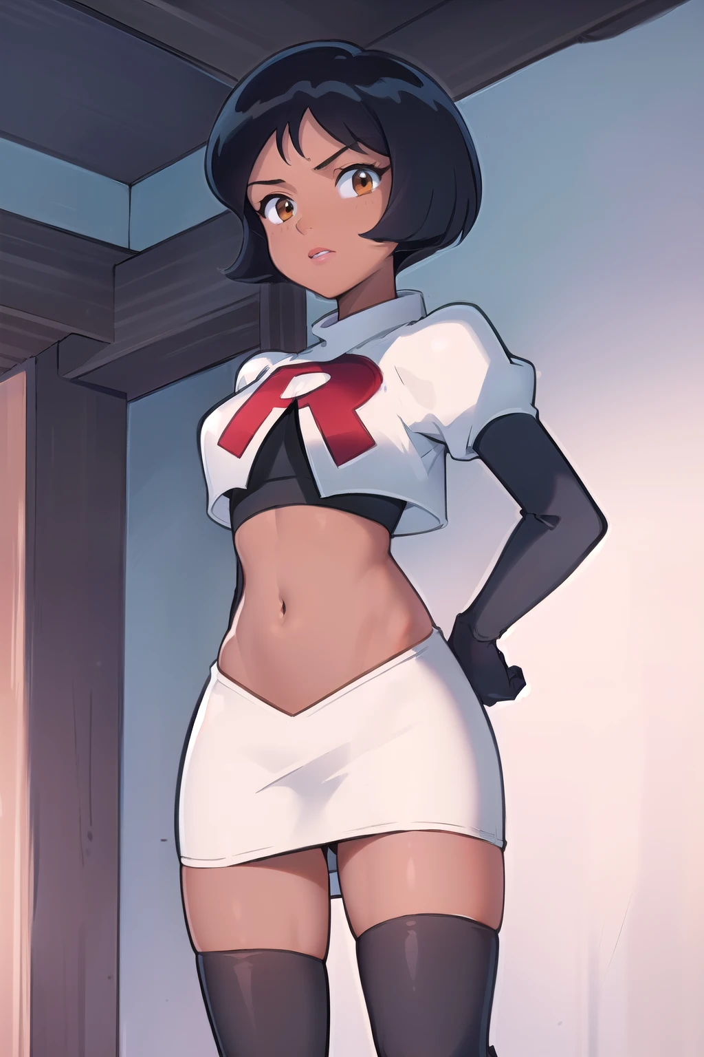 ((masterpiece, best quality)), 1girl,solo, alex, short hair, black hair, brown eyes, dark skin, tan, lipstick, team rocket,team rocket uniform,white skirt,red letter R,crop top,black thigh-highs,black elbow gloves