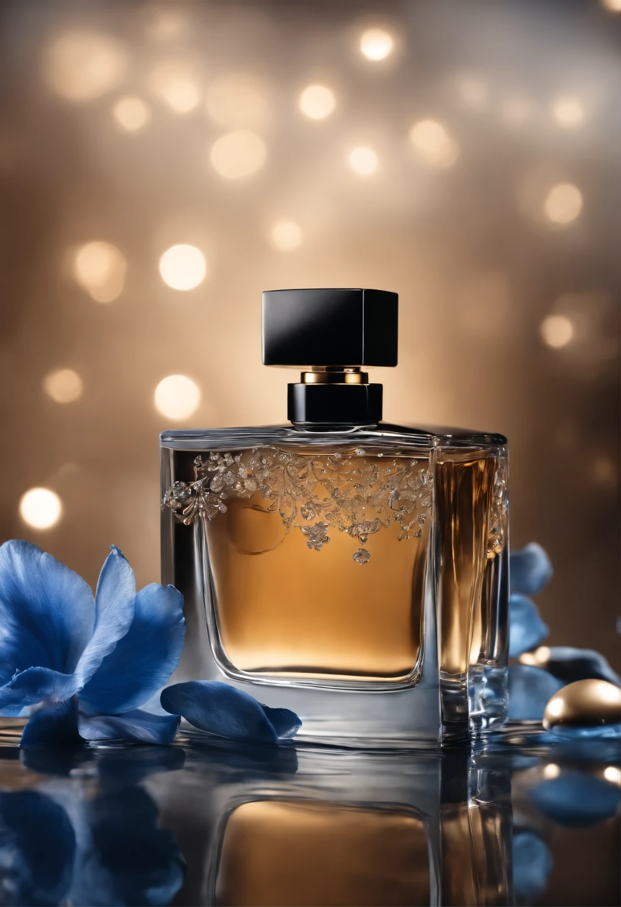 Attractive design on a black background with blue product display, Leave an empty space,So I can insert an image of Perfume falling into the water . The background should exude elegance and sophistication, Melhore o apelo visual do perfume que colocarei na imagem. You are free to use enlightenment, texturizado, and composition to create a luxurious atmosphere,Uma vez adicionado,Perfume will be the central focus.