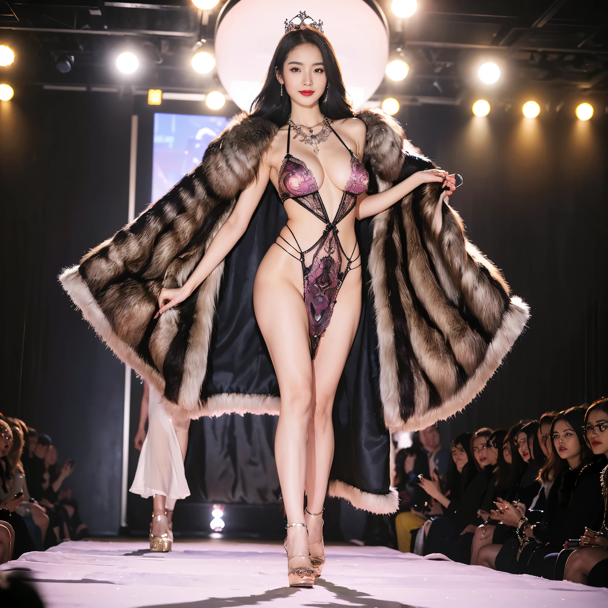 ((realistic)),(realistic shadow),((realistic skin texture)),(asian Chinese beautiful face),((Chinese sexy face)),((Chinese very sexy model)),((masterpiece)), (detailed), perfect face,(big boob),(very exotic sling high Cut dress),((big booty)),((very sexy pose)),((very sexy outfit)),(very exotic outfit),exotic pose,(thin),((very sexy long legs)),((beautiful legs)),(slim),skinny,((very sexy shiny high heels)),((seduce)),aespa karina winter,((long hair many color)),((very hot young )),((shiny color full tight sexy long dress)),(tiny g-string),(many color long hair),((nipple slip)),((boob flash)),((tits slip)),(teasing pose),(horny smile),(lace tights),(sexy bracelets),((luxury necklace)),((very sexy emotional face)),((boob slip)),((show tits)),((sexy tight sling long dress)),((exotic sling dress)),((exotic miss grand thailand 2022)),((very long long hair))(looking at viewer),(sexy belly),(looking at viewer),(more necklace),(big shiny necklace),(pink hair),(blonde hair),(luxury handbags),((close up shot)),((nipple protrusion)),(trained body),((she has autumn drama makeup)),red lip,((seductive smiling)),top-quality,masterpiece,(((Colossal tits))),(Photo realsitic:1.4),Raw photo,((1 girl)),(((Random hair)),(((Take different poses))),glowy skin,Intricate and ornate hair ornaments,(A person who sees with calm and goddess-like eyes),(Happiness:1.2),(very exotic micro bikini),(she wearing see though cape,The veil flows),((fur coat on shoulder)),((she walk on runway)),((fashion show runway)),((fashion runway pose)),((only one girl picture)),((portrait)),((full body shot))