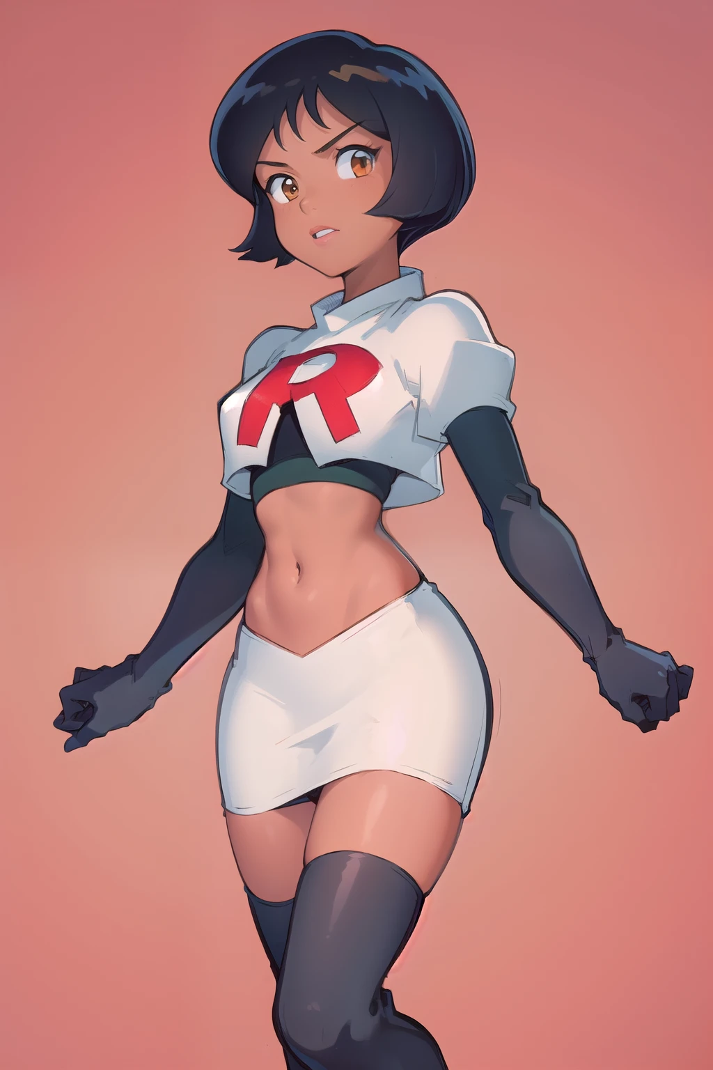 ((masterpiece, best quality)), 1girl,solo, alex, short hair, black hair, brown eyes, dark skin, tan, lipstick, team rocket,team rocket uniform,white skirt,red letter R,crop top,black thigh-highs,black elbow gloves