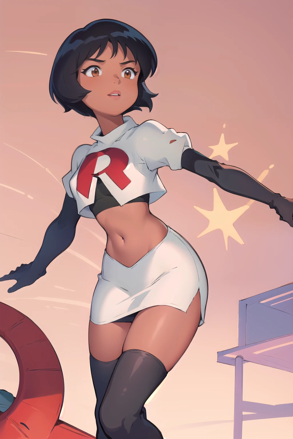 ((masterpiece, best quality)), 1girl,solo, alex, short hair, black hair, brown eyes, dark skin, tan, lipstick, team rocket,team rocket uniform,white skirt,red letter R,crop top,black thigh-highs,black elbow gloves