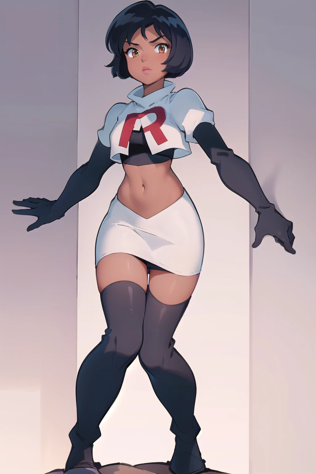 ((masterpiece, best quality)), 1girl,solo, alex, short hair, black hair, brown eyes, dark skin, tan, lipstick, team rocket,team rocket uniform,white skirt,red letter R,crop top,black thigh-highs,black elbow gloves