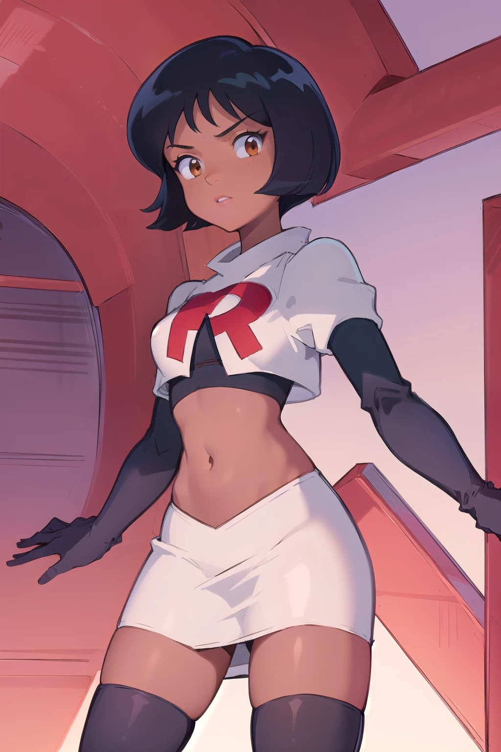 ((masterpiece, best quality)), 1girl,solo, alex, short hair, black hair, brown eyes, dark skin, tan, lipstick, team rocket,team rocket uniform,white skirt,red letter R,crop top,black thigh-highs,black elbow gloves