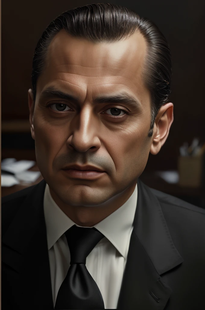 beautiful oil matte portrait painting, mafia boss at his 50s new york office desk, wonderful masterpiece highly detailed, beautiful cinematic light deep focus, elegant, digital painting, smooth, sharp focus, golden ratio, dramatic illumination, ultra realistic, 8k, art by jimmy law