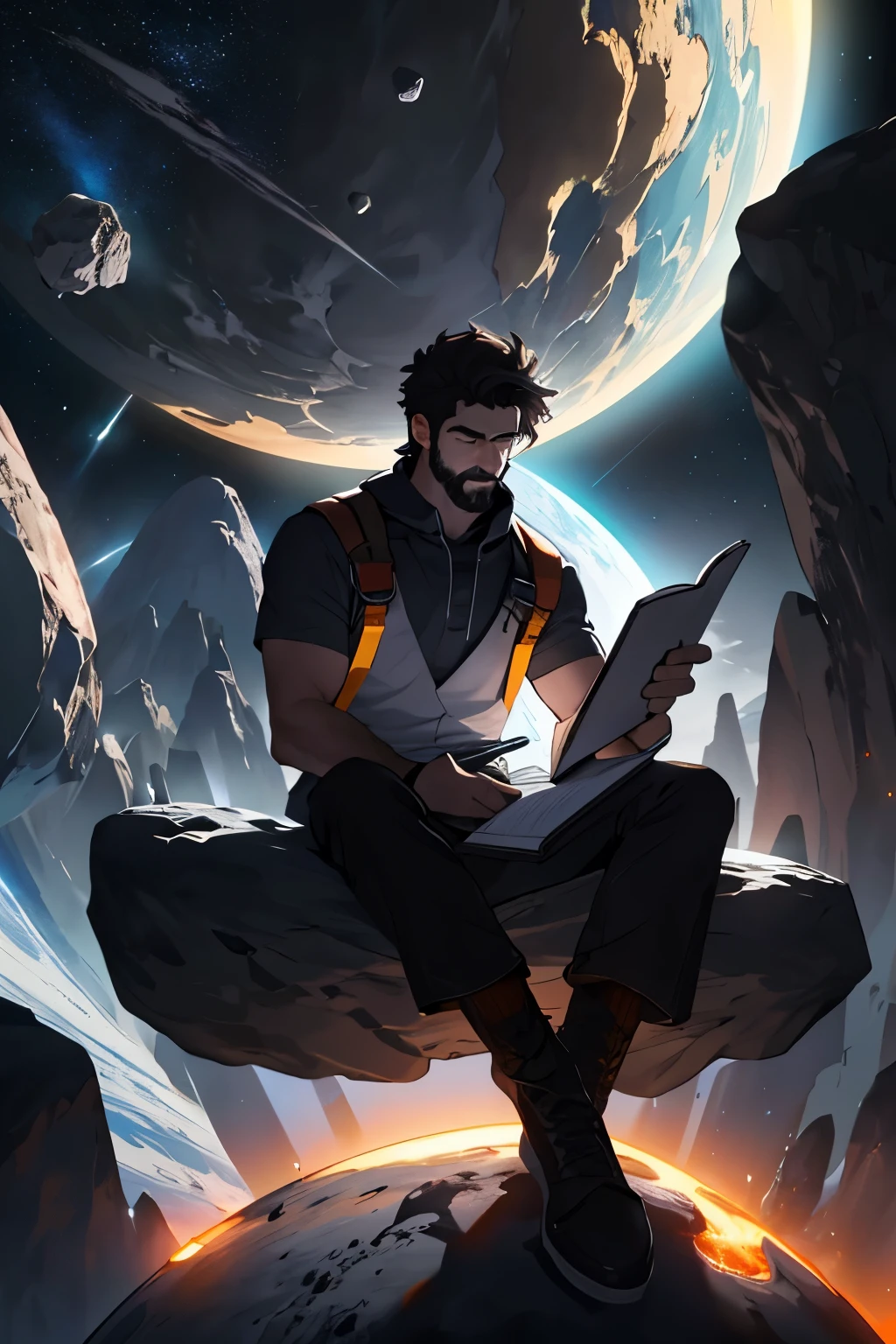 Desenhe um jovem programador, sitting on a research platform floating in the middle of an asteroid belt. He is studying with a notebook, surrounded by several asteroids glowing with fiery auras. Dramatic lighting from distant stars and planets illuminates the scene, casting deep shadows on the costume. O jovem parece confiante e determinado, Looking at the vast and mysterious universe with wonder and respect,facial hair, tiro de vaqueiro,